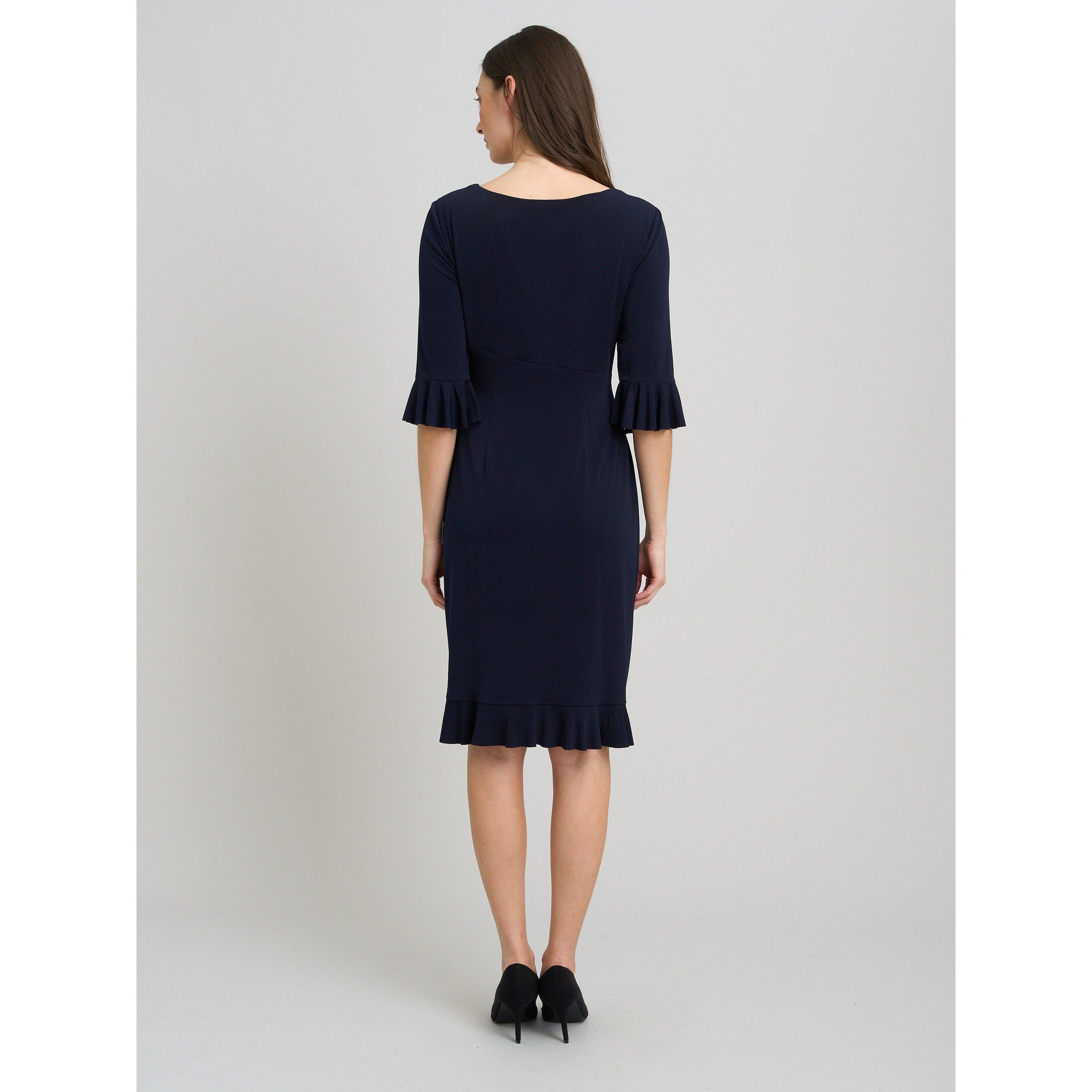 Navy - Gina Bacconi - Faux Wrap Jersey Dress With Frill Hem - 3