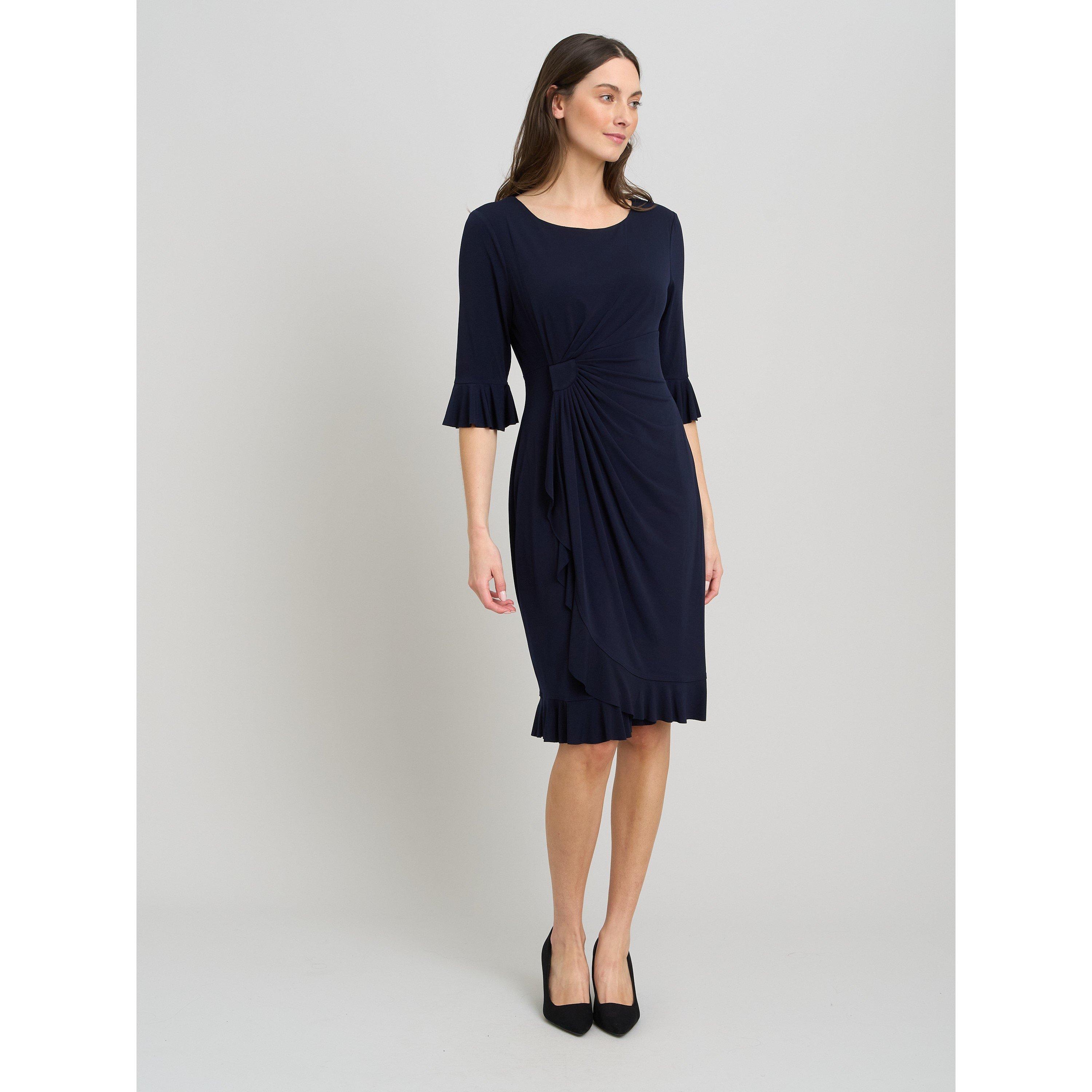 Navy - Gina Bacconi - Faux Wrap Jersey Dress With Frill Hem - 4