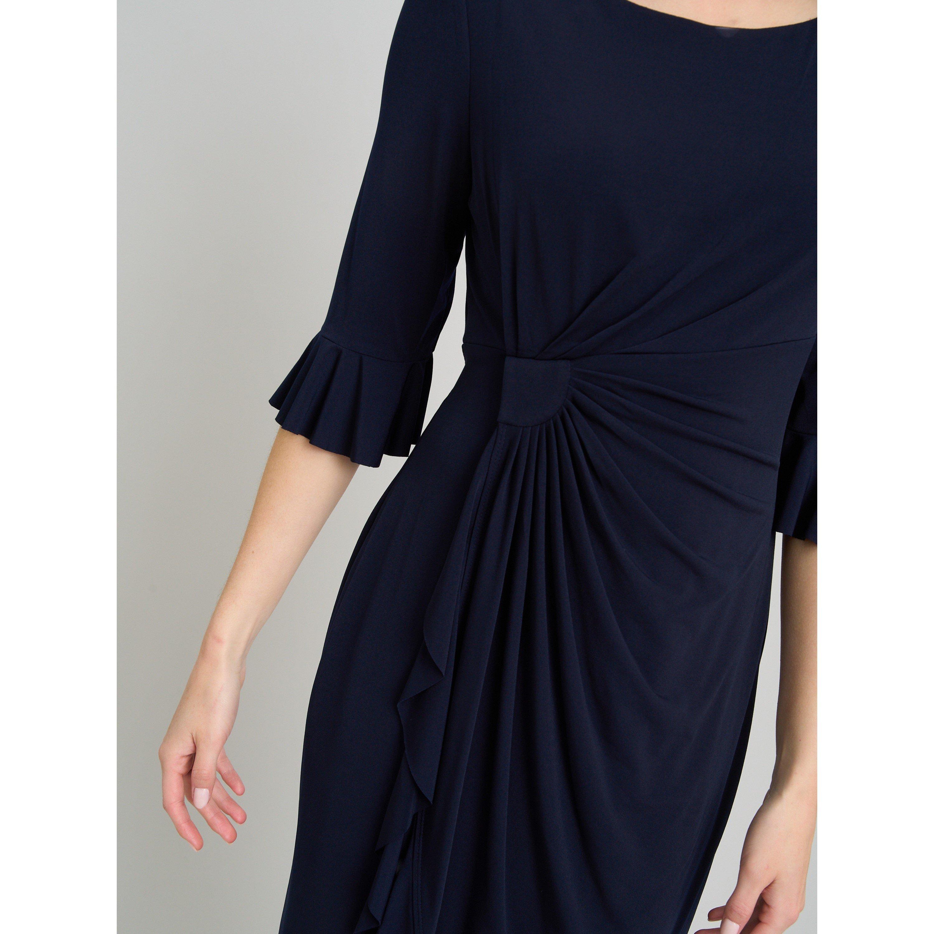 Navy - Gina Bacconi - Faux Wrap Jersey Dress With Frill Hem - 5