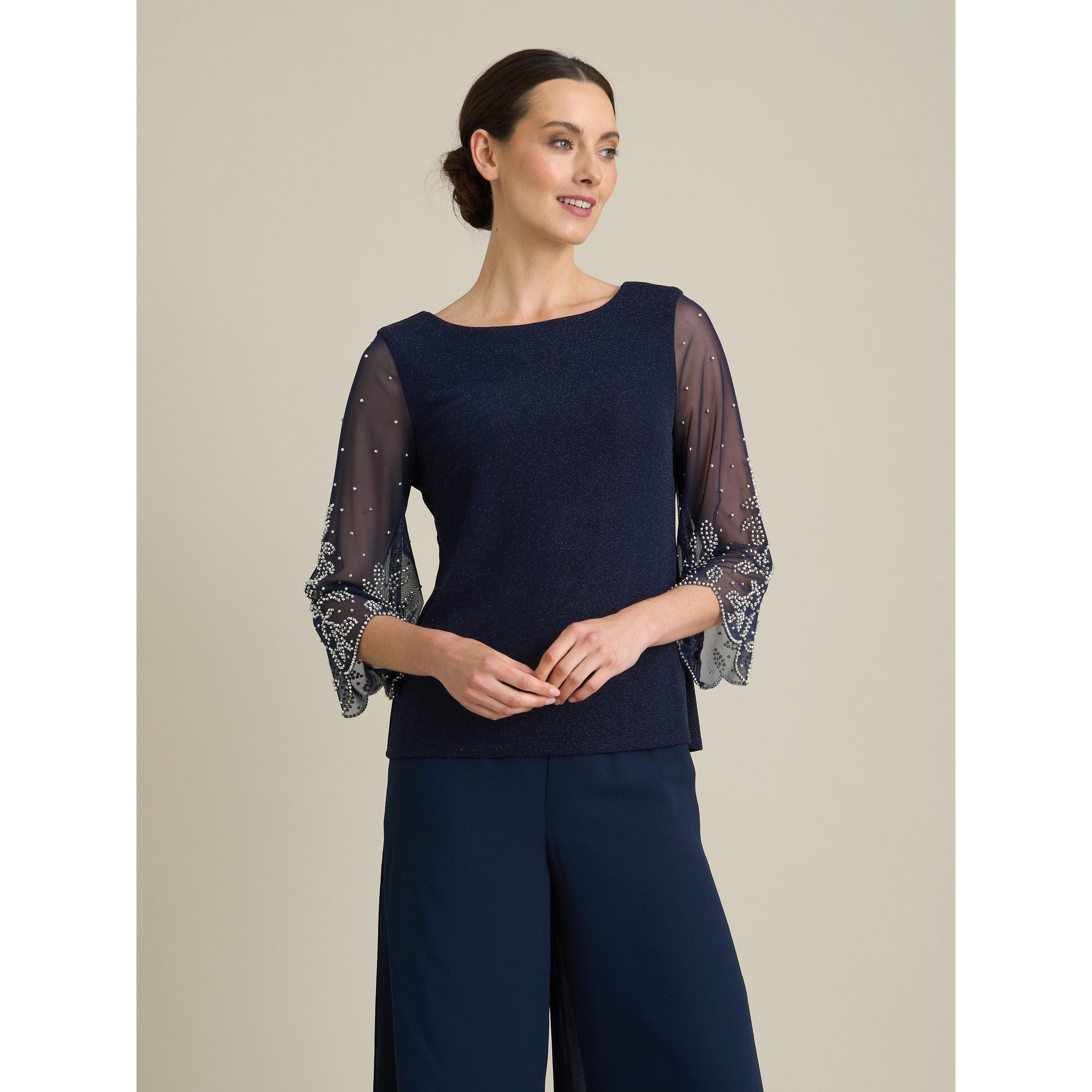 Dark Navy - Gina Bacconi - Tilly Embellished Sheer Sleeve Top - 1