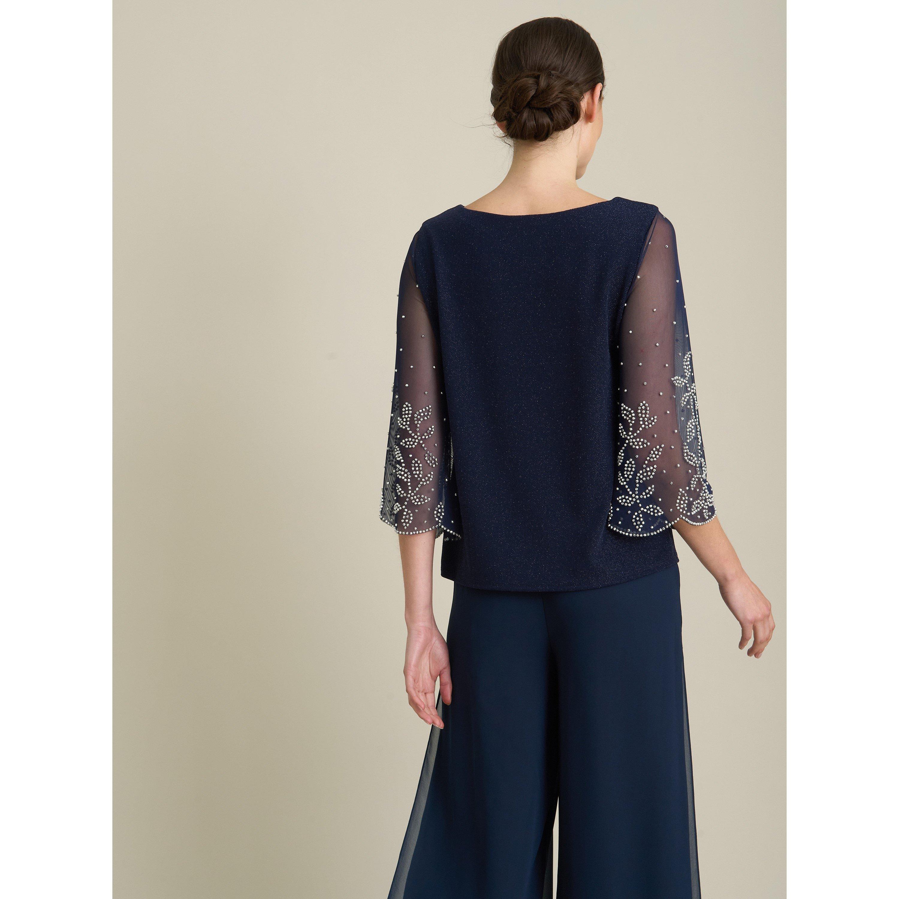 Dark Navy - Gina Bacconi - Tilly Embellished Sheer Sleeve Top - 2