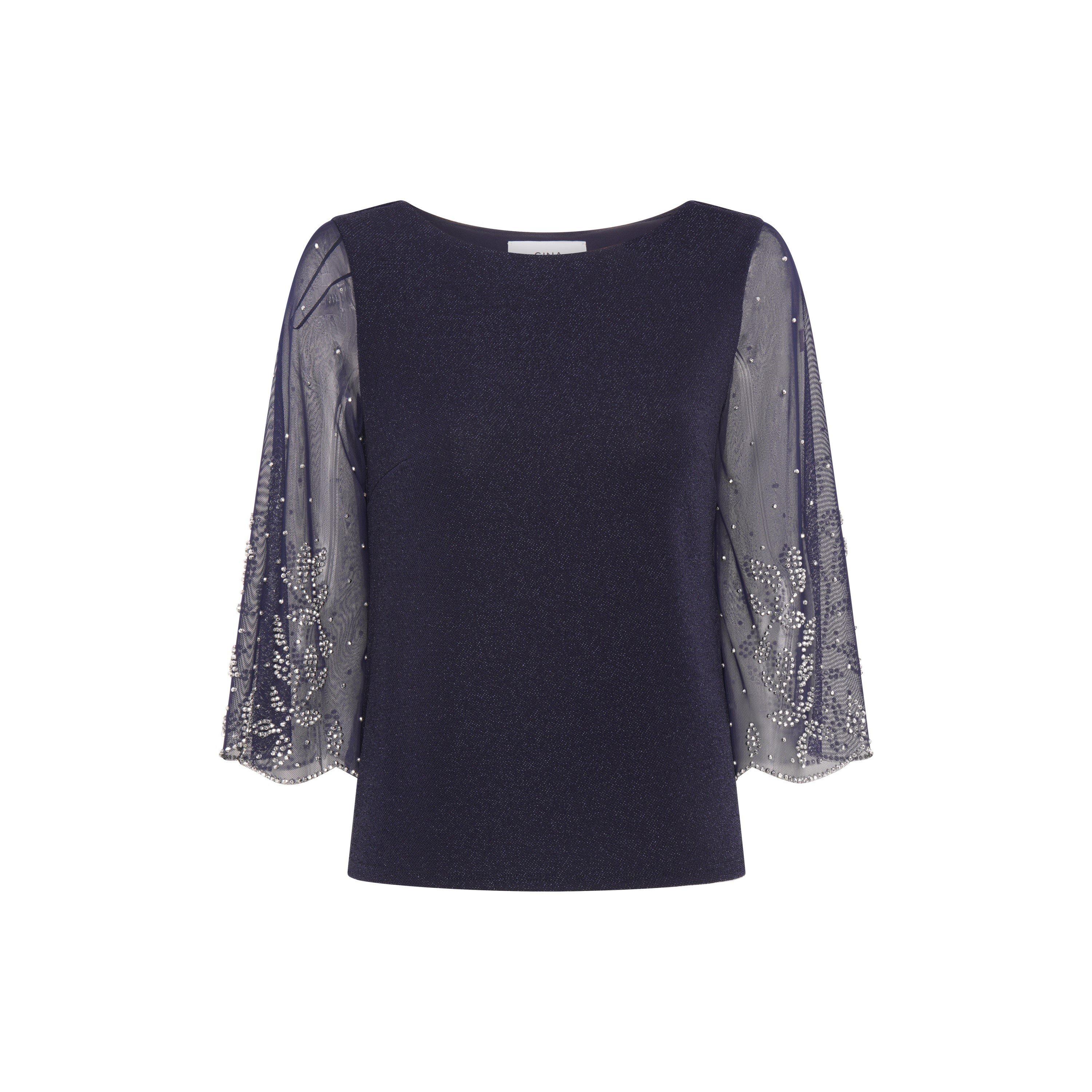 Dark Navy - Gina Bacconi - Tilly Embellished Sheer Sleeve Top - 4