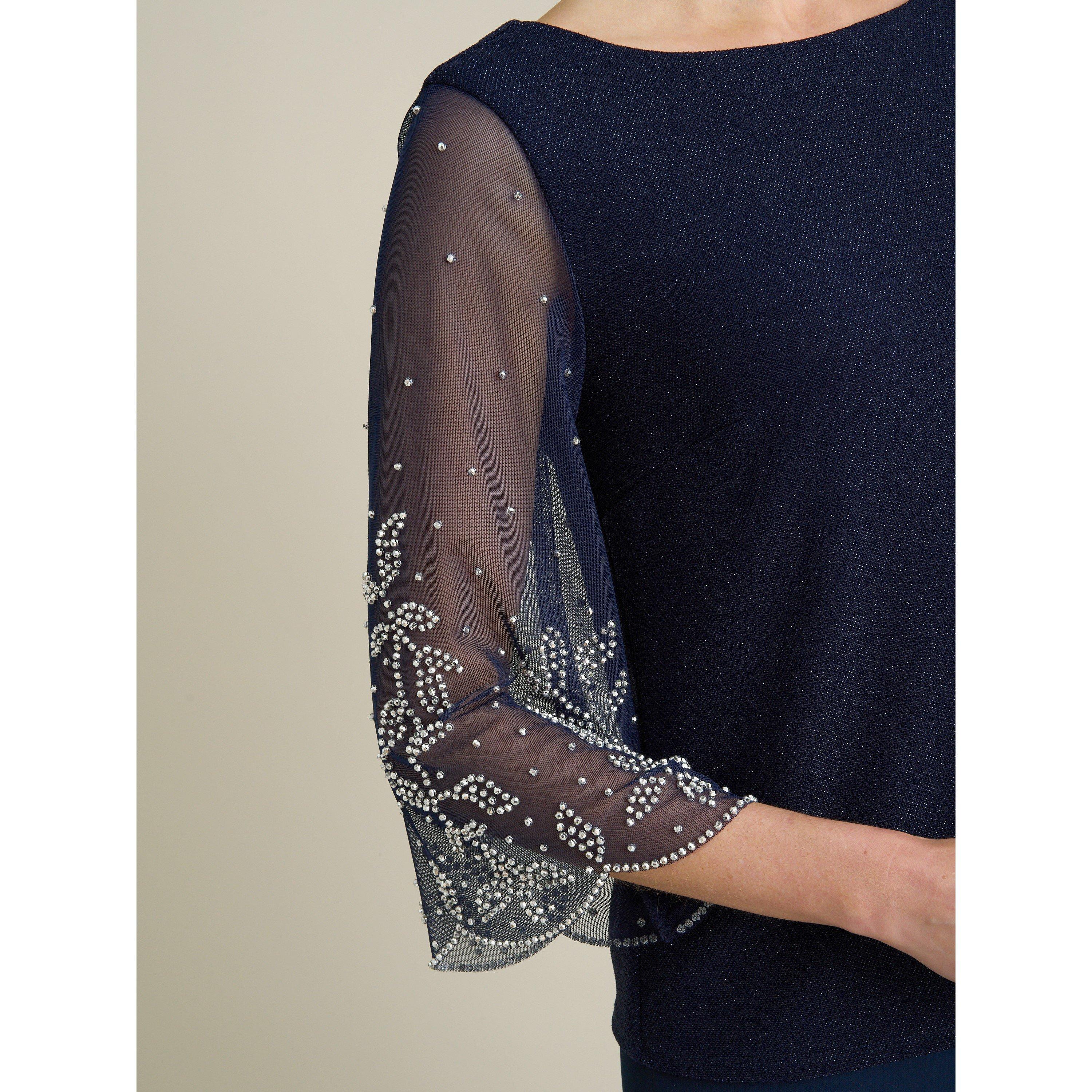 Dark Navy - Gina Bacconi - Tilly Embellished Sheer Sleeve Top - 5