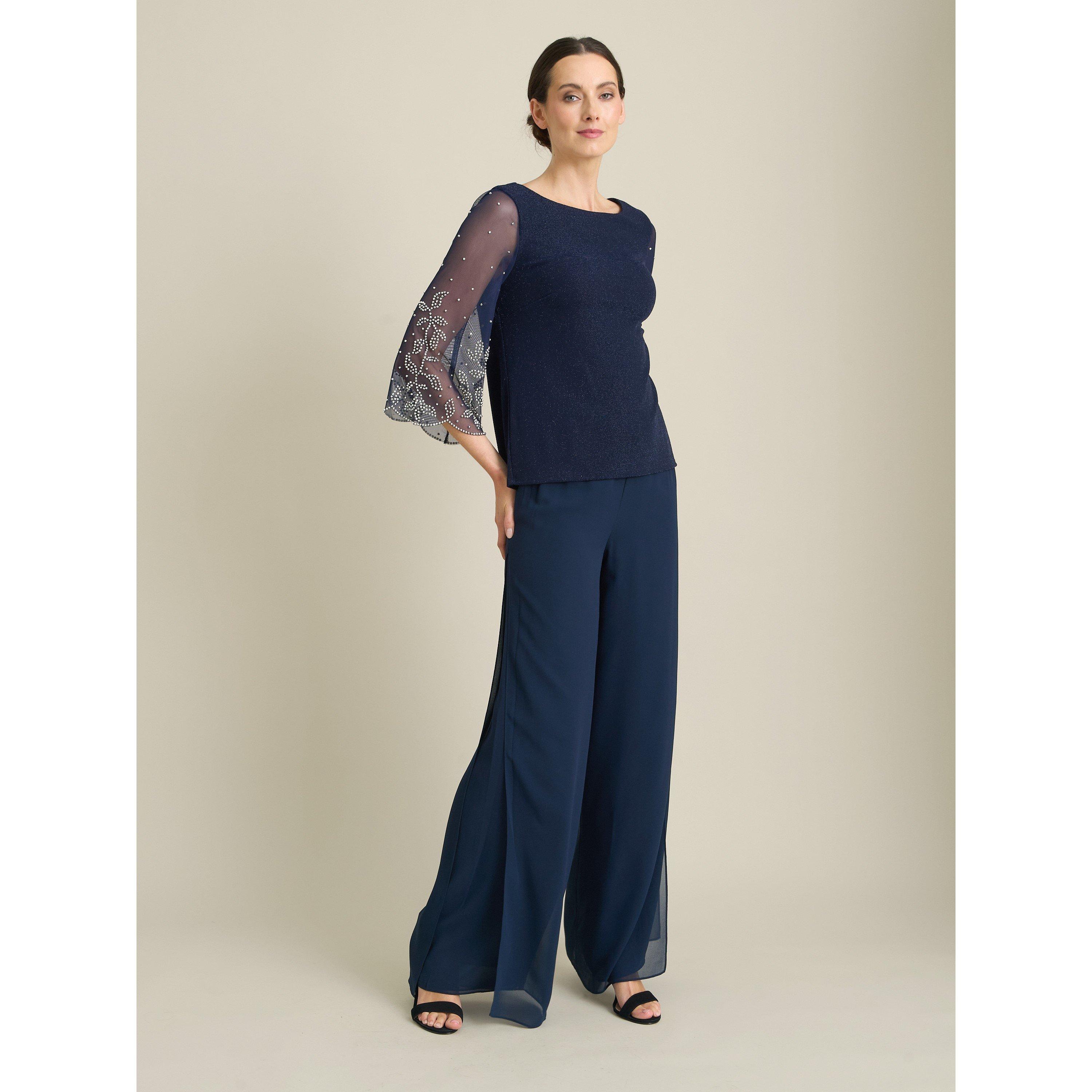 Dark Navy - Gina Bacconi - Tilly Embellished Sheer Sleeve Top - 6