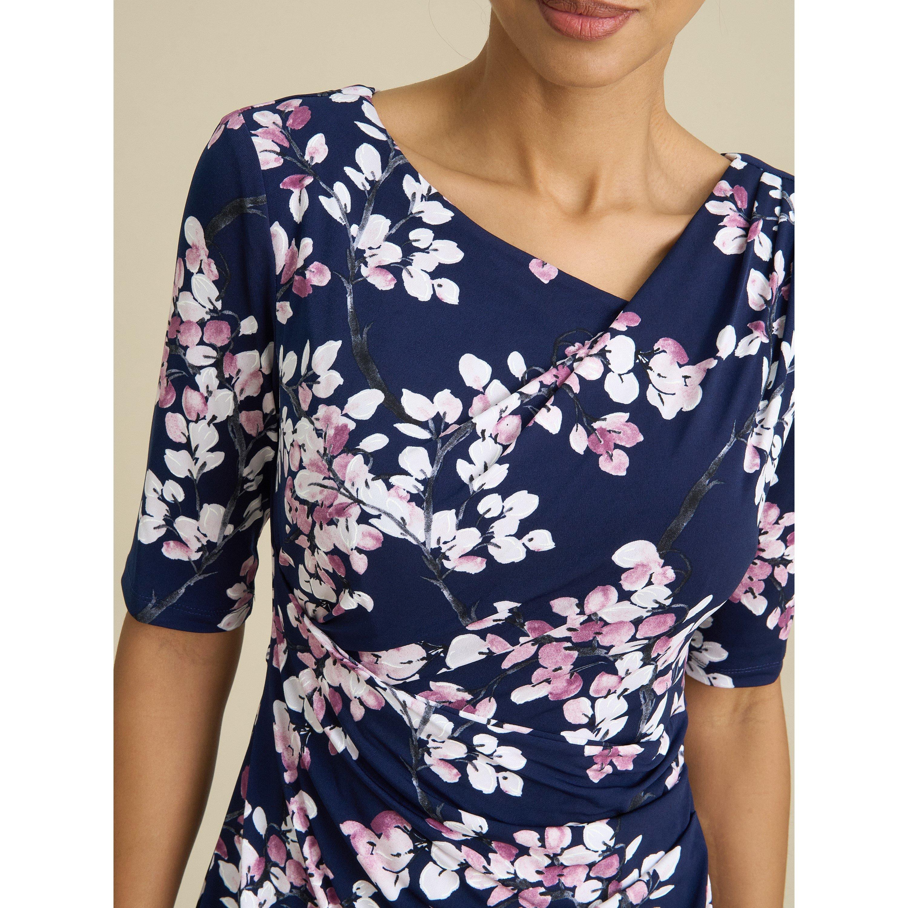 Navy / Pink - Gina Bacconi - Primrose Floral Print Jersey Dress - 4