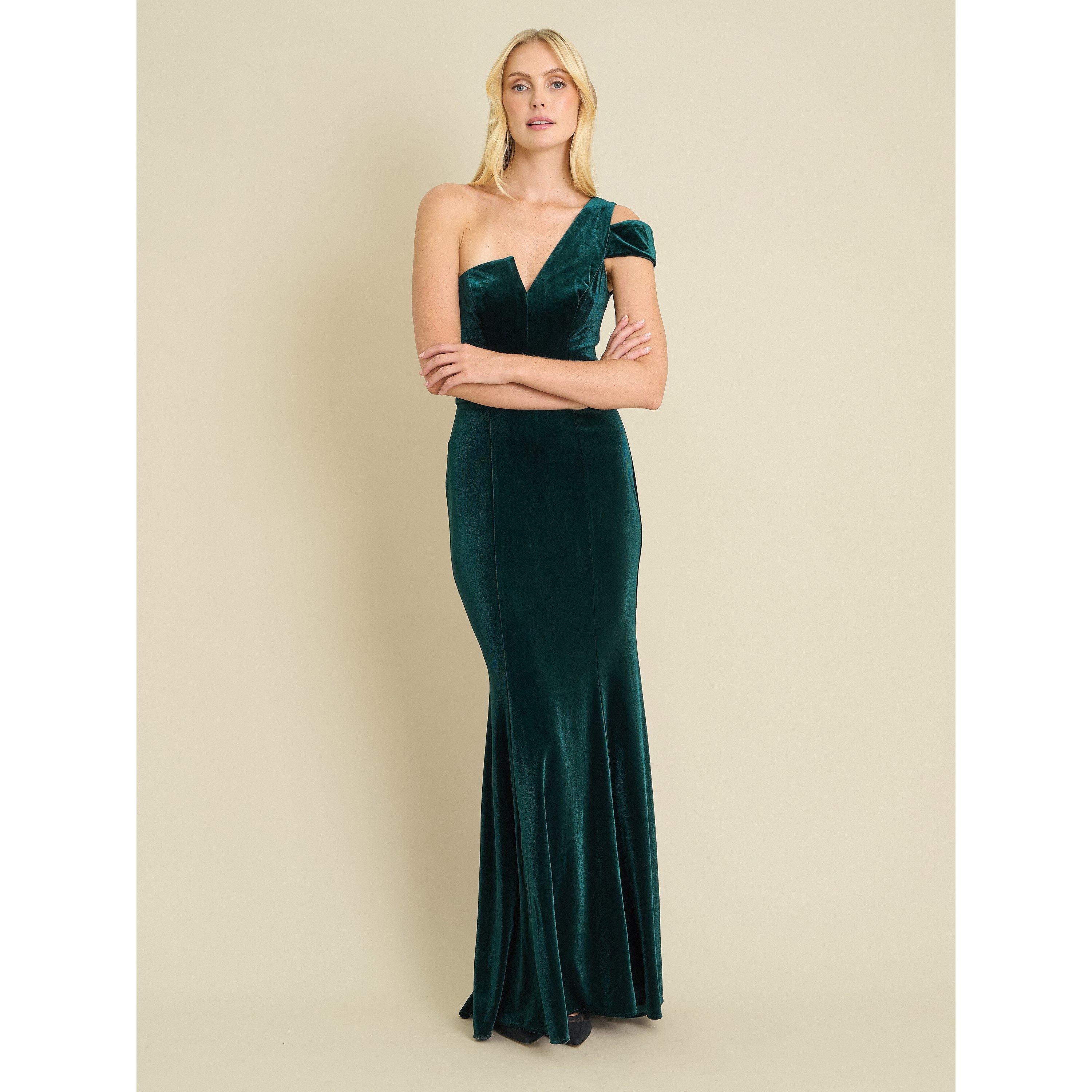 Dark Green - Gina Bacconi - Ruthie Velvet One Shoulder Maxi Dress - 1