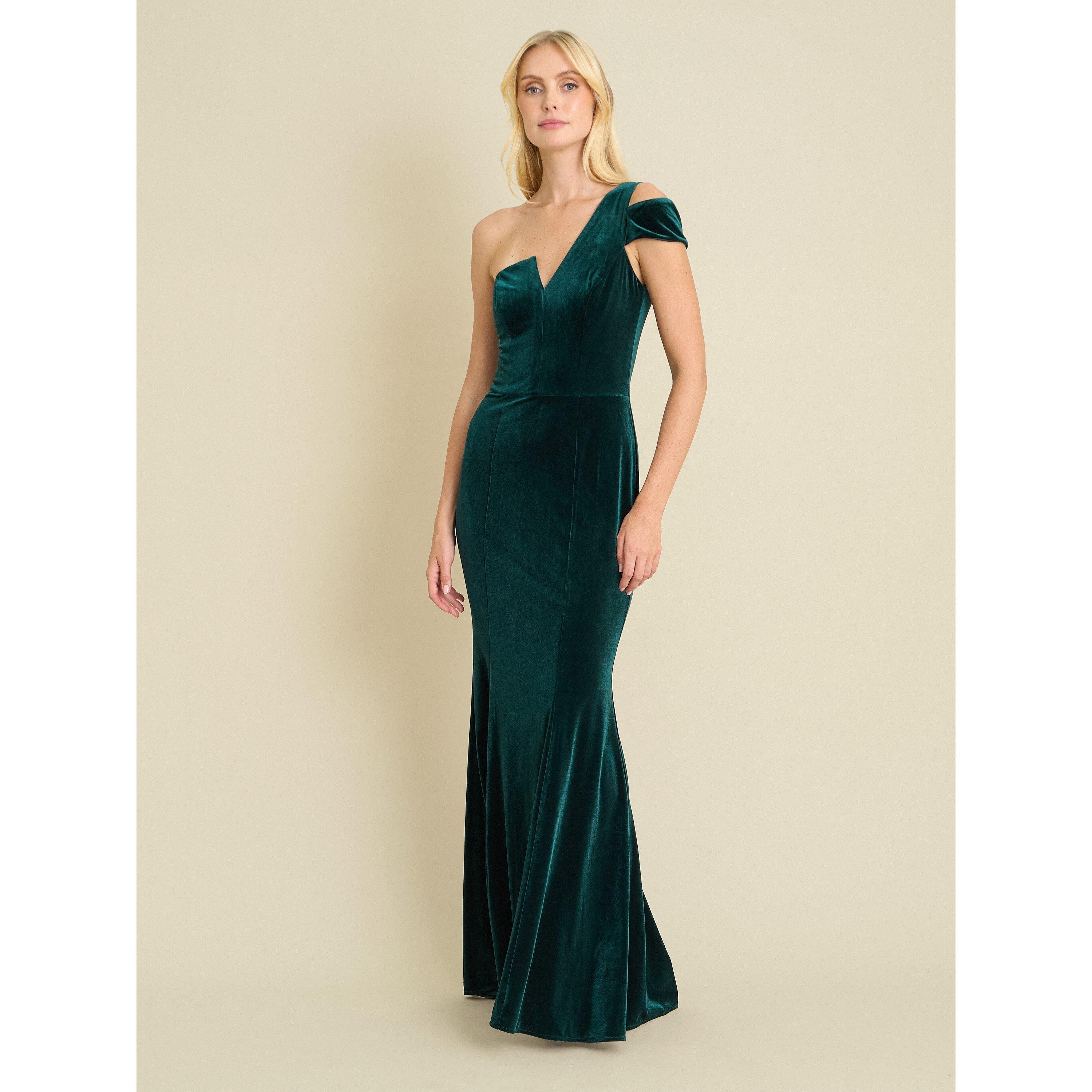 Dark Green - Gina Bacconi - Ruthie Velvet One Shoulder Maxi Dress - 3