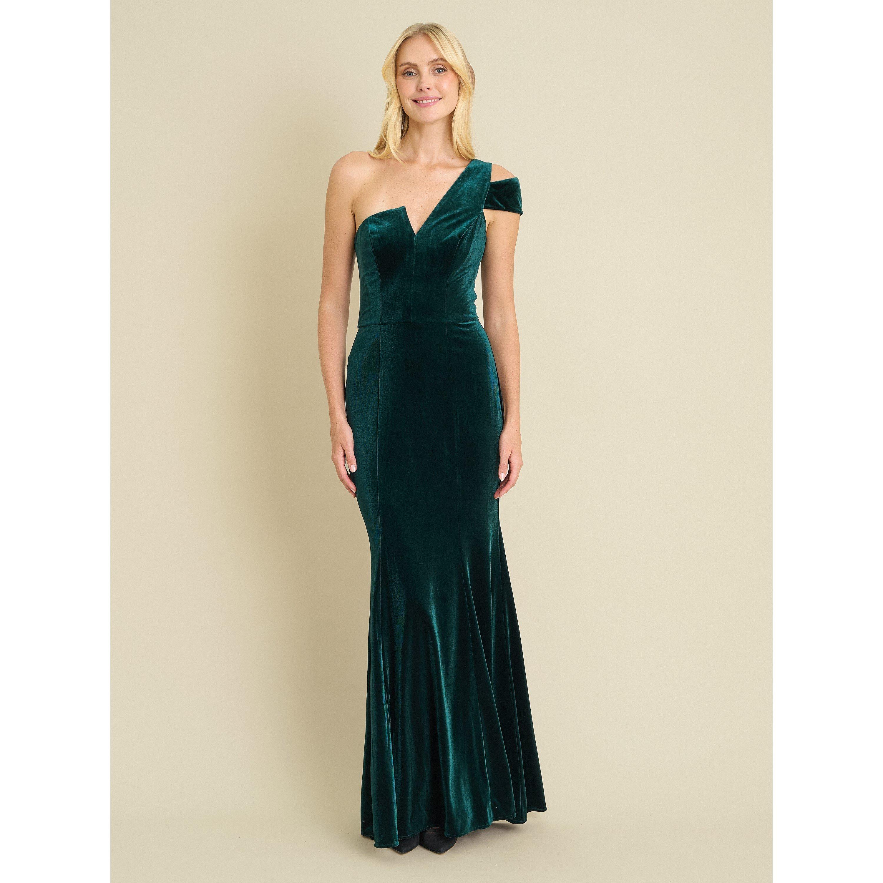 Dark Green - Gina Bacconi - Ruthie Velvet One Shoulder Maxi Dress - 5