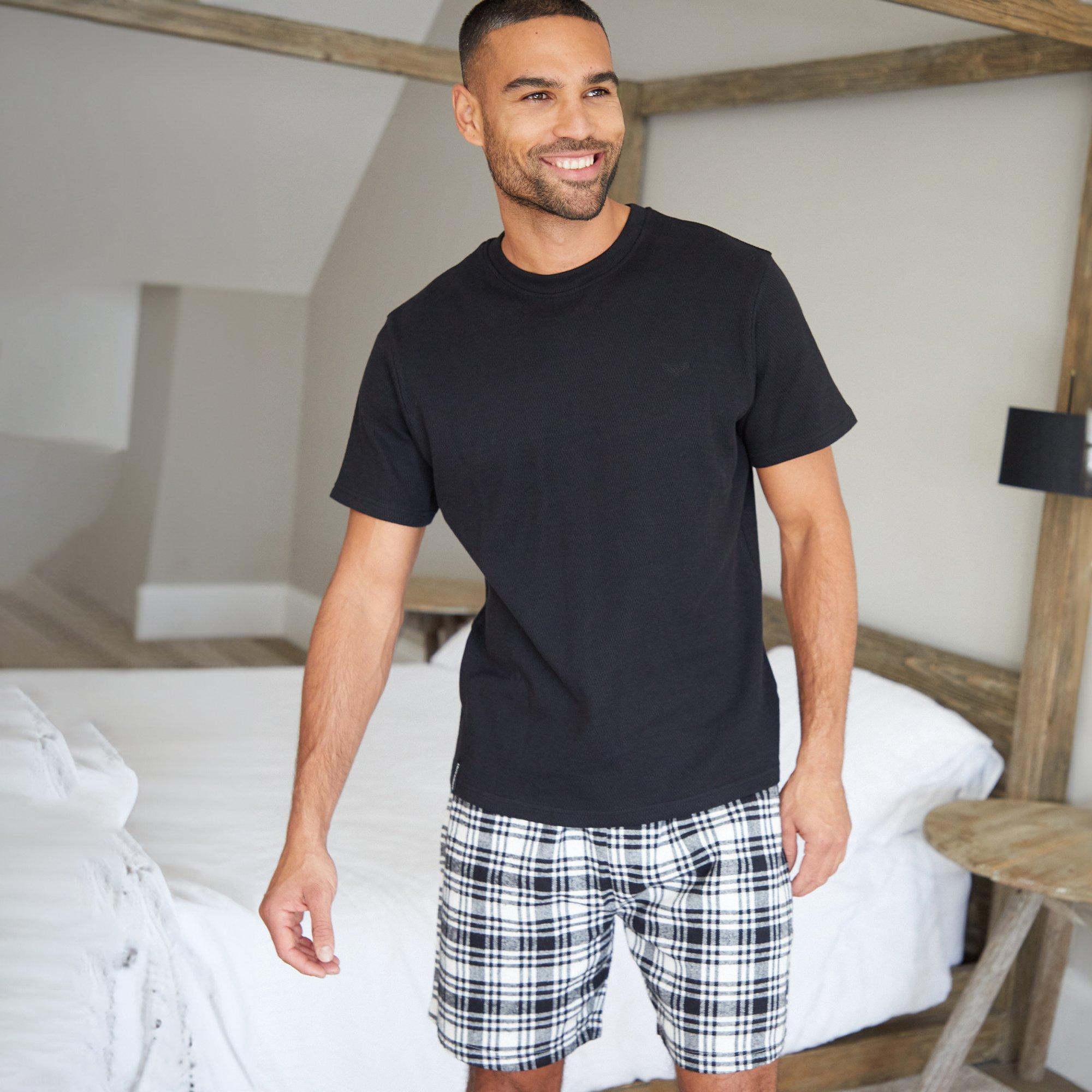Black - Threadbare - Textured T-Shirt & Check Short Pyjama set - 1
