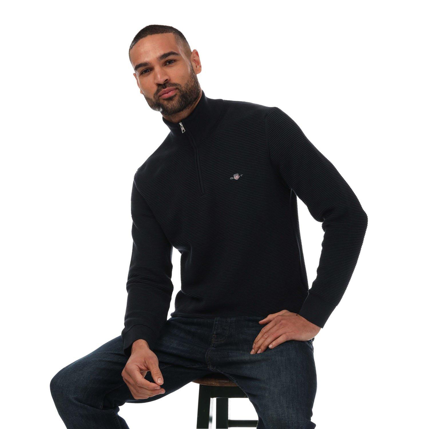 Blue - Gant - Textured Cotton Half-Zip Jumper - 3