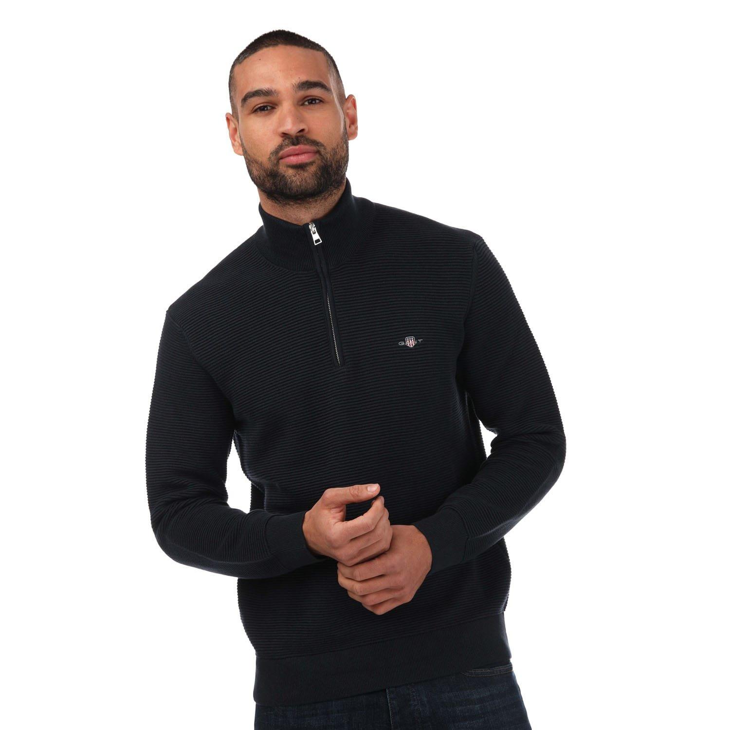 Blue - Gant - Textured Cotton Half-Zip Jumper - 4