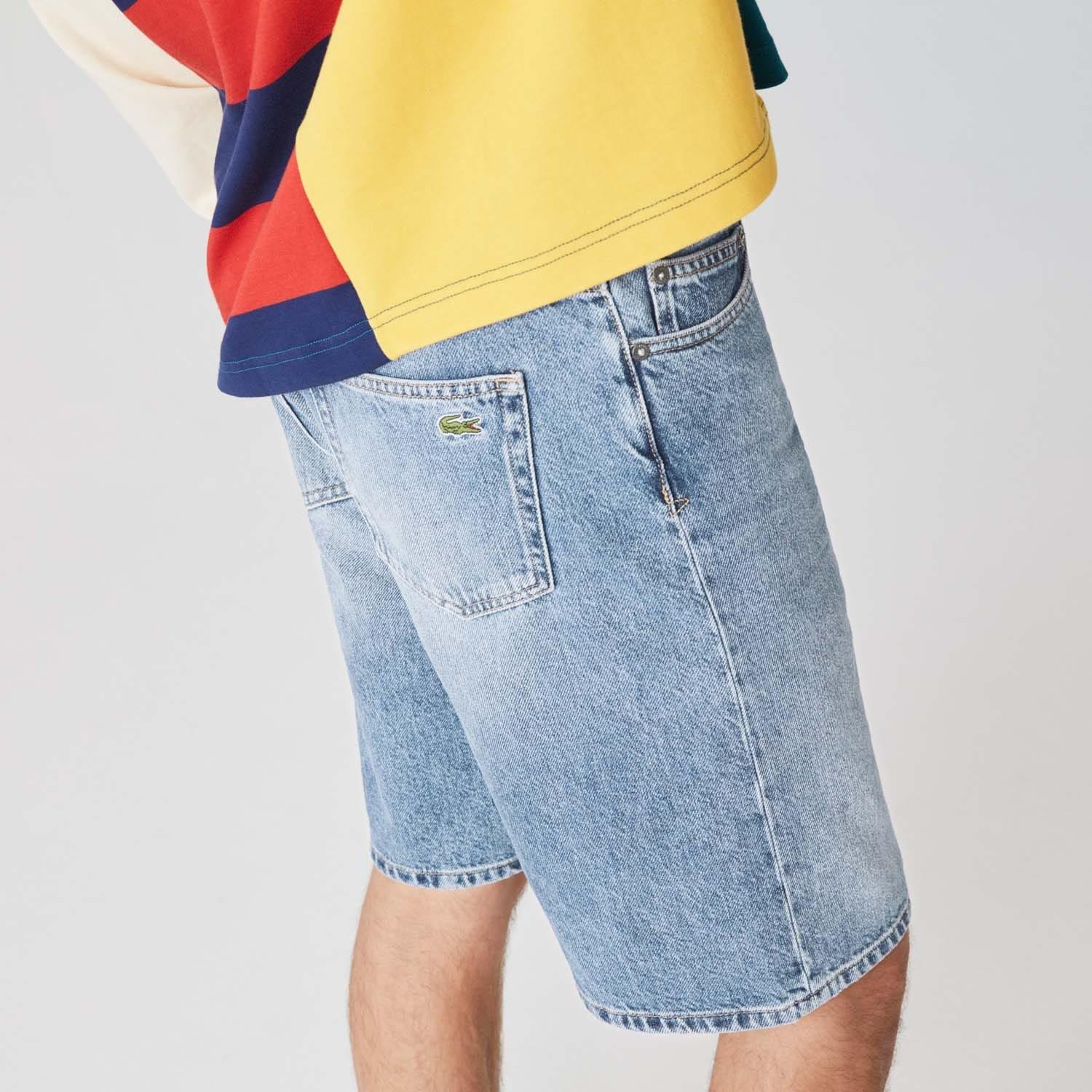 Blue - Lacoste - Slim Fit Cotton Denim Bermuda Shorts - 5