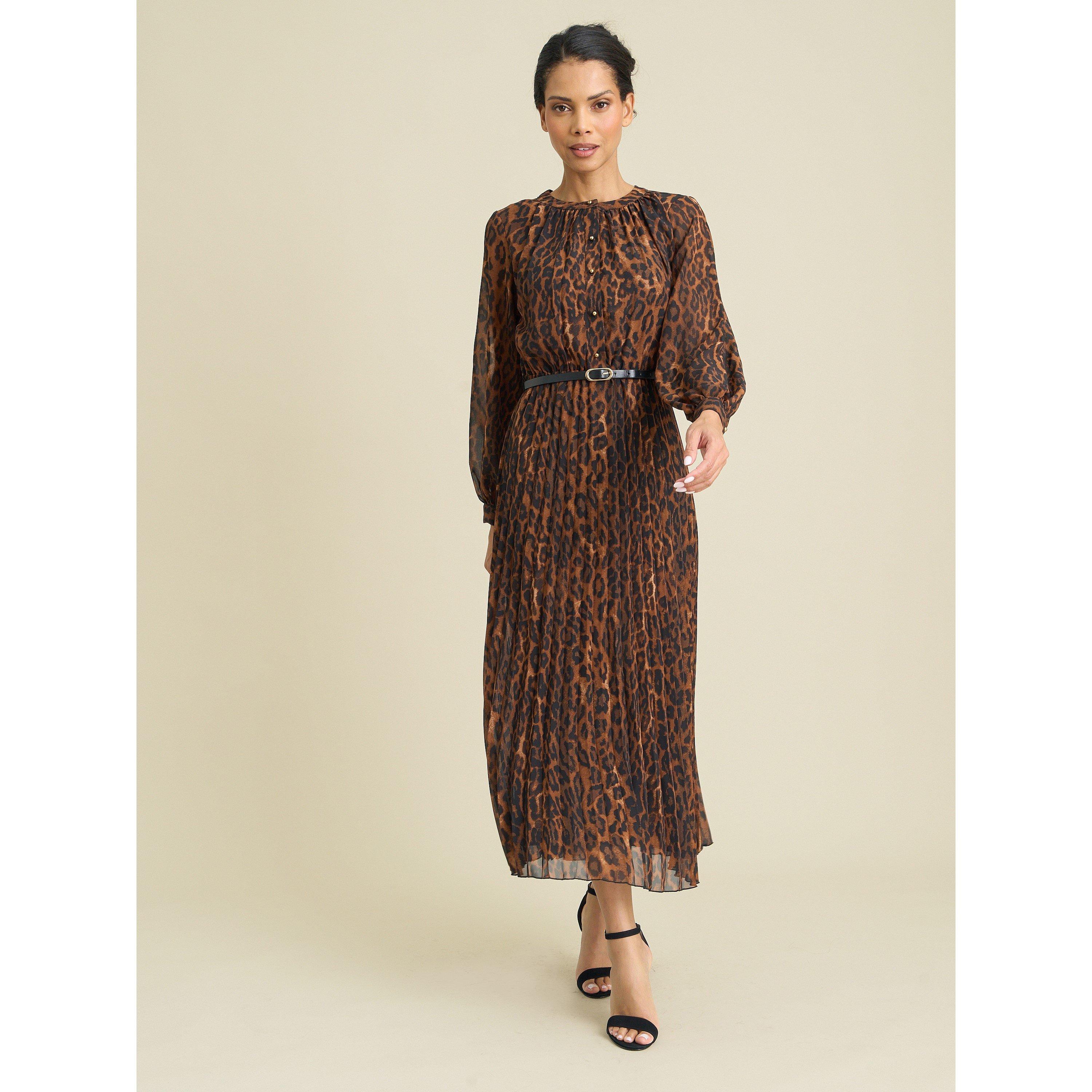 Leopard - Gina Bacconi - Yasmina Chiffon Belted Jewel Neck Animal Dress - 3