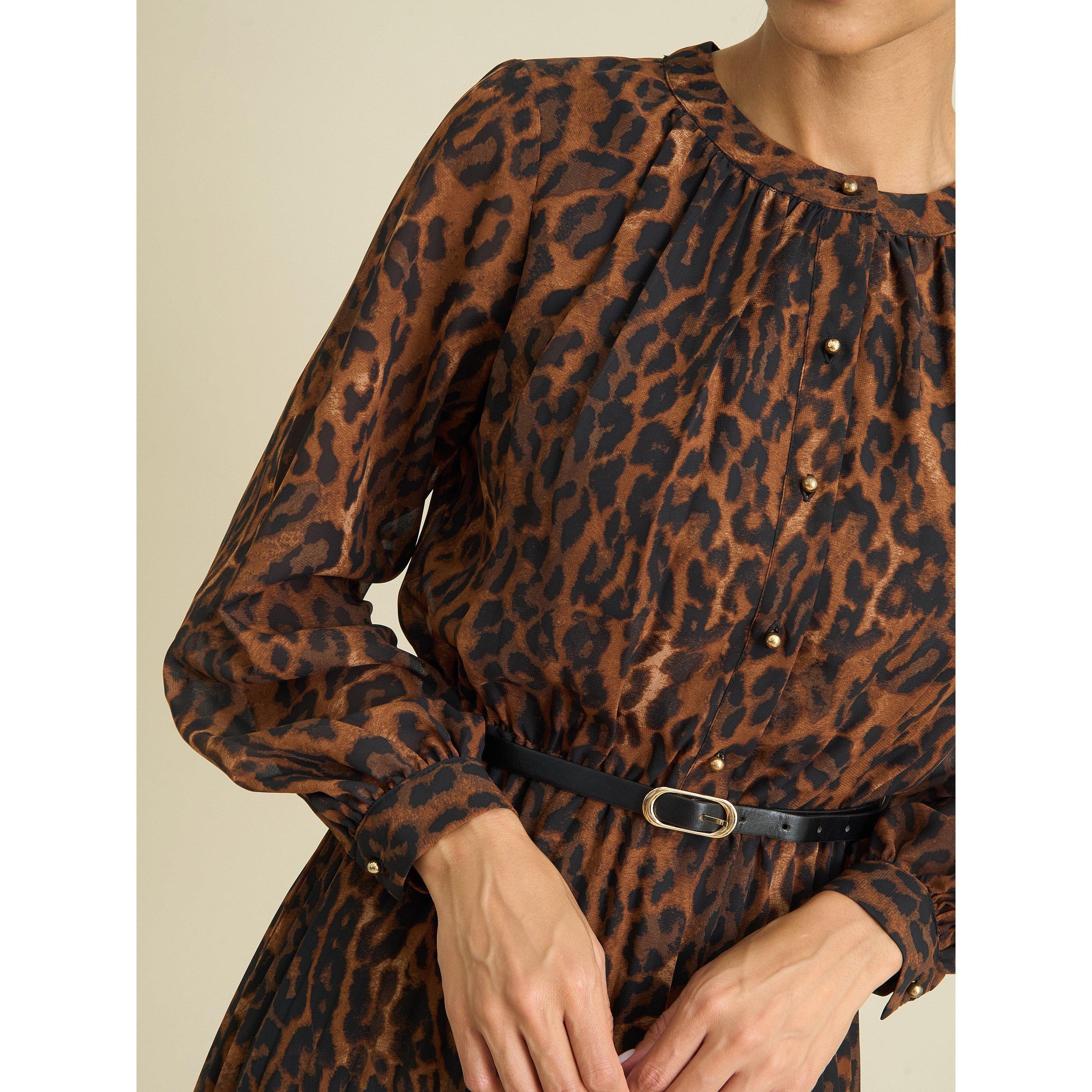 Leopard - Gina Bacconi - Yasmina Chiffon Belted Jewel Neck Animal Dress - 5