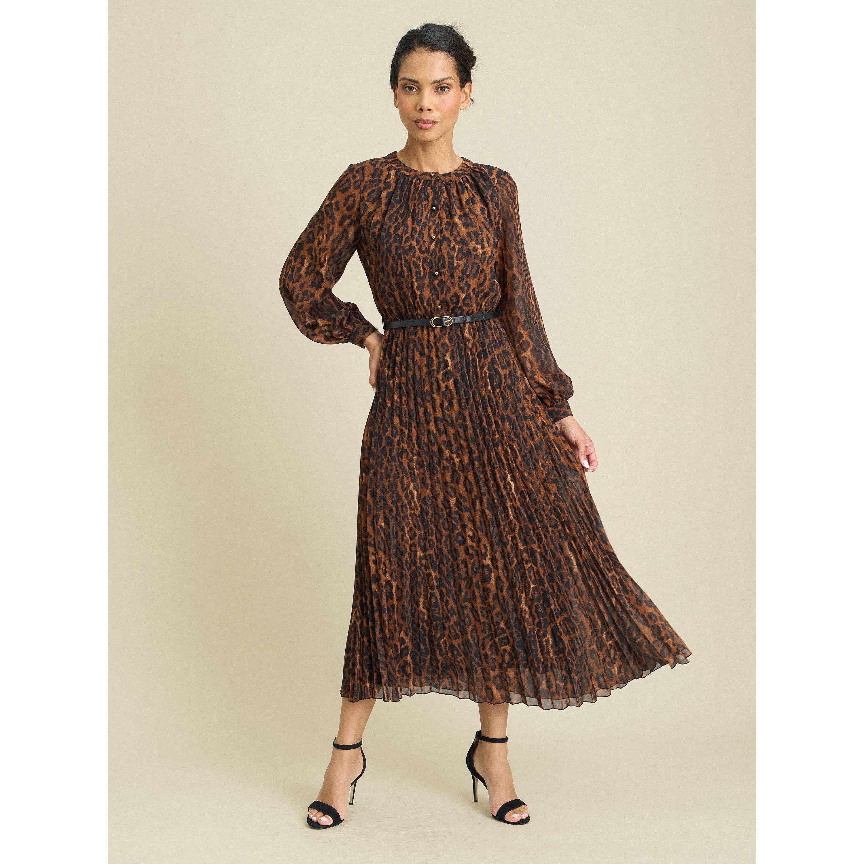 Leopard - Gina Bacconi - Yasmina Chiffon Belted Jewel Neck Animal Dress - 6