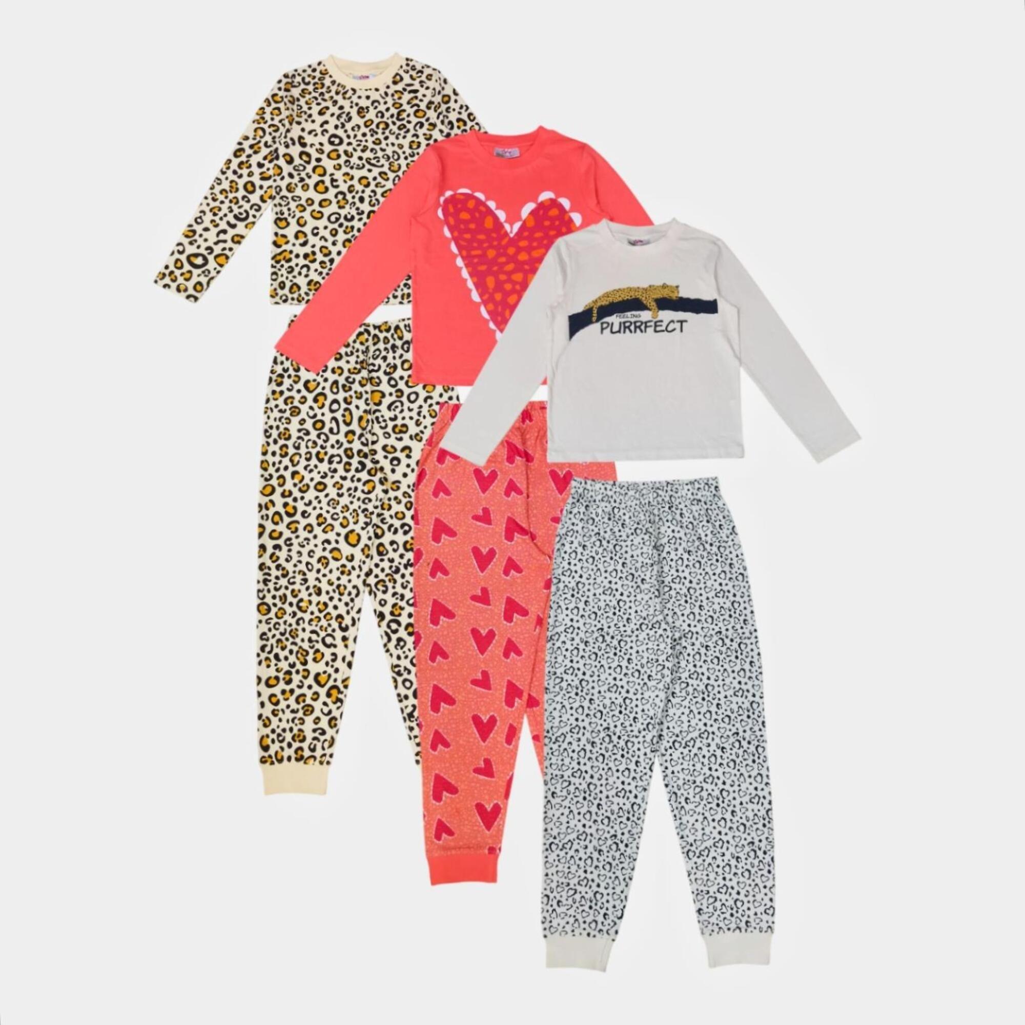 Star Girls Kids' 3 Pack Cotton Fruit & Print Long Sleeve Pyjama Set Animal - 13 (XL)