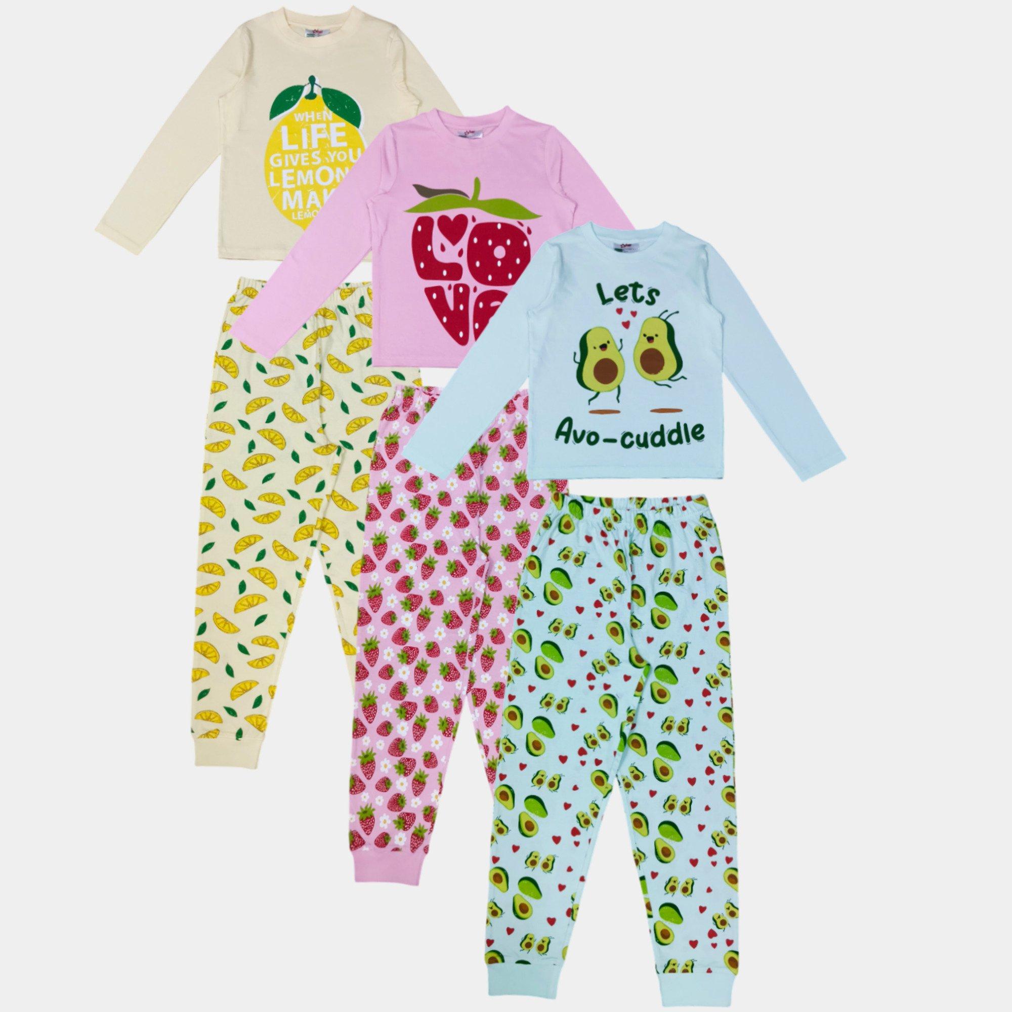 Fruit - Star - Kids' 3 Pack Cotton Fruit & Animal Print Long Sleeve Pyjama Set - 1