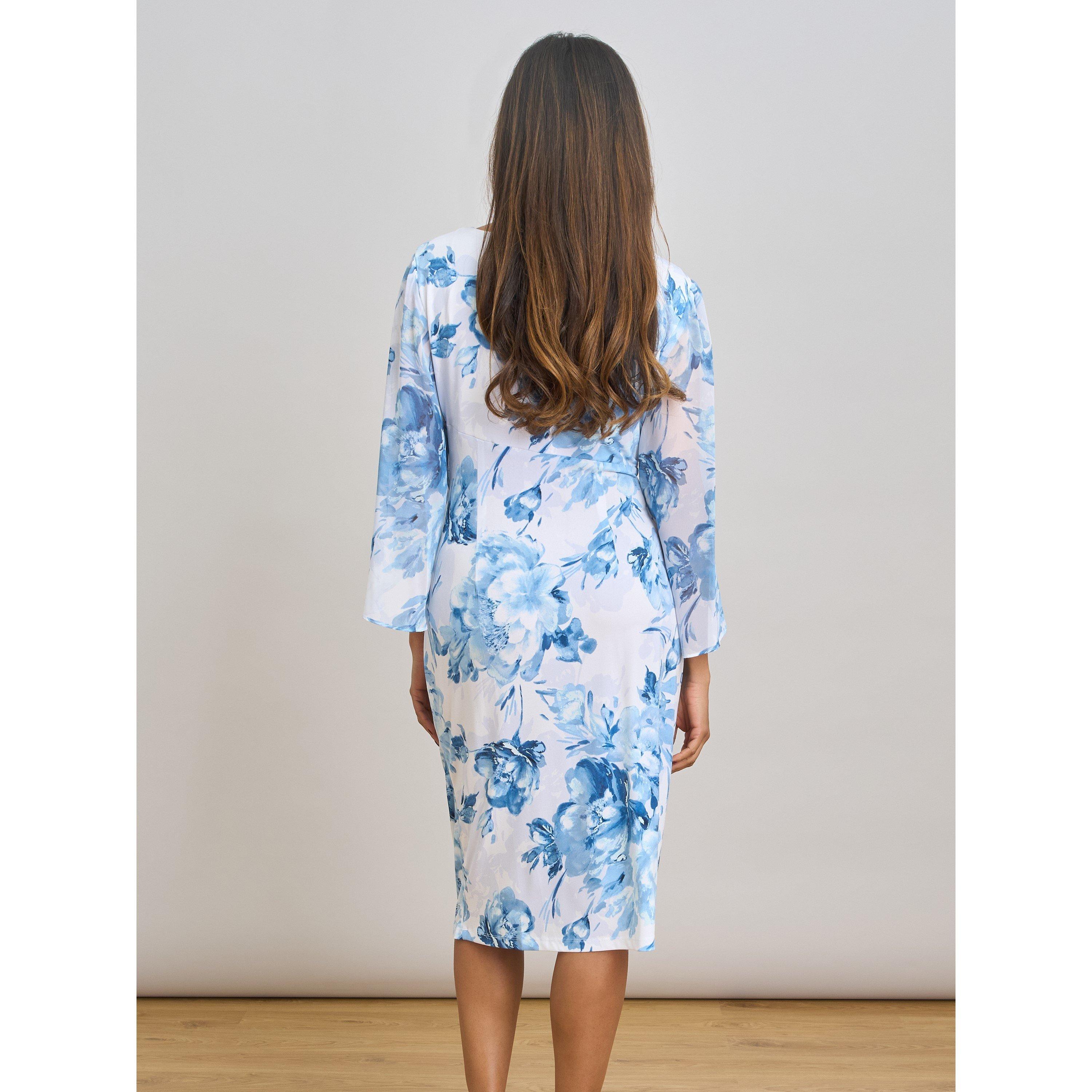 Blue / White - Gina Bacconi - Harmony Floral Print Dress - 3