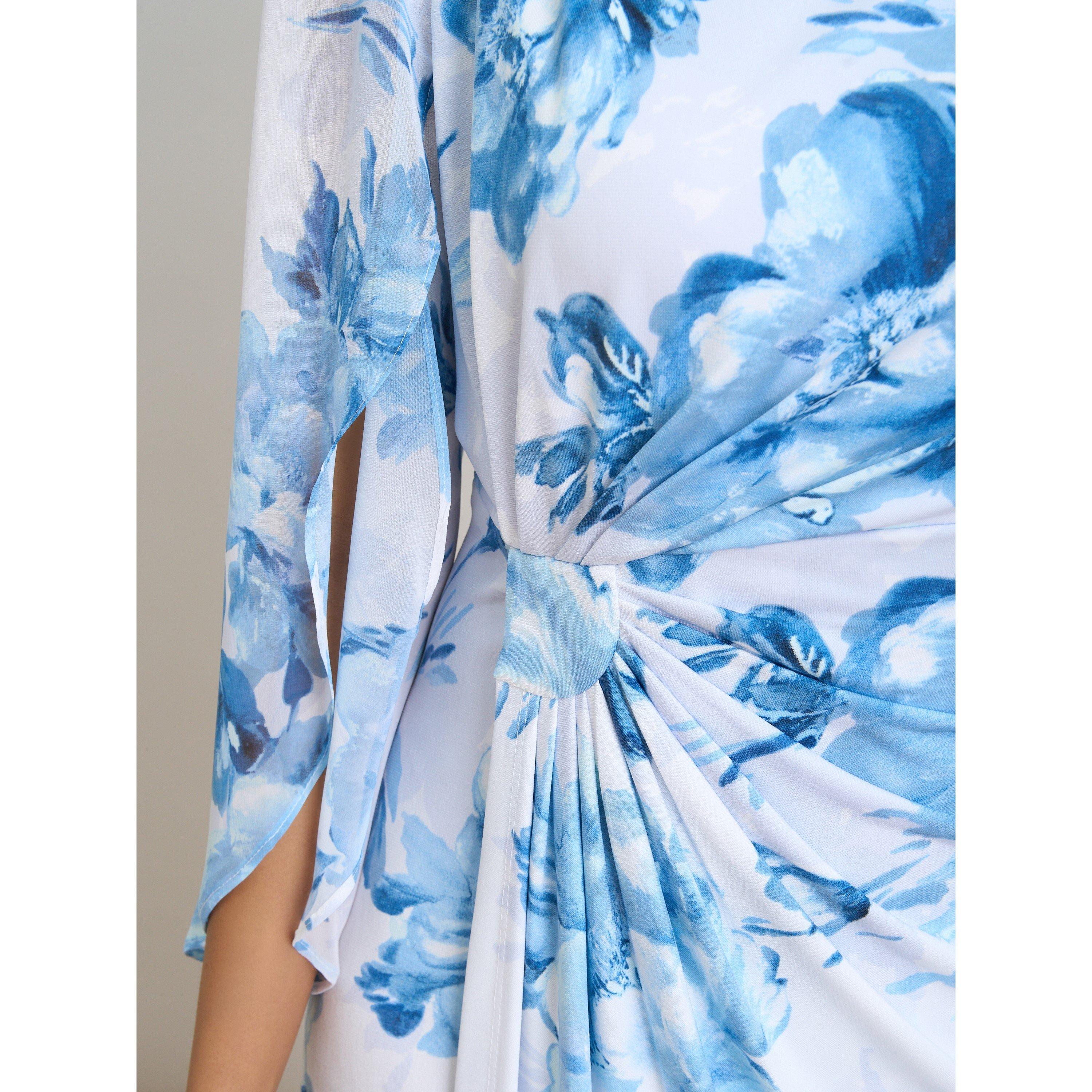 Blue / White - Gina Bacconi - Harmony Floral Print Dress - 5