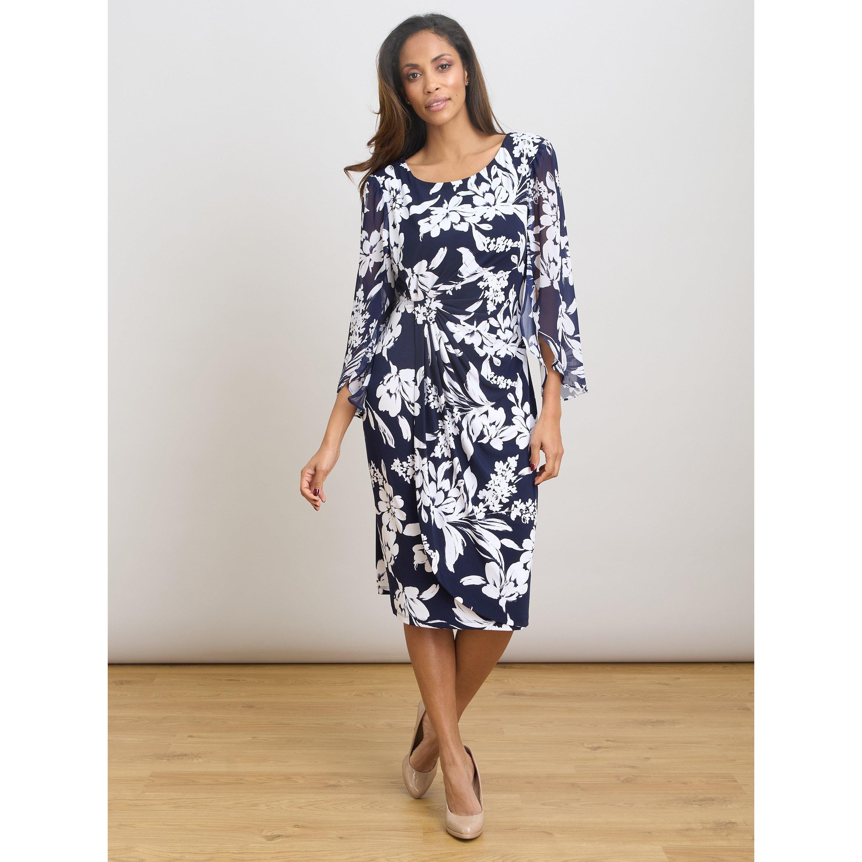 Navy / White - Gina Bacconi - Harmony Floral Print Dress - 2