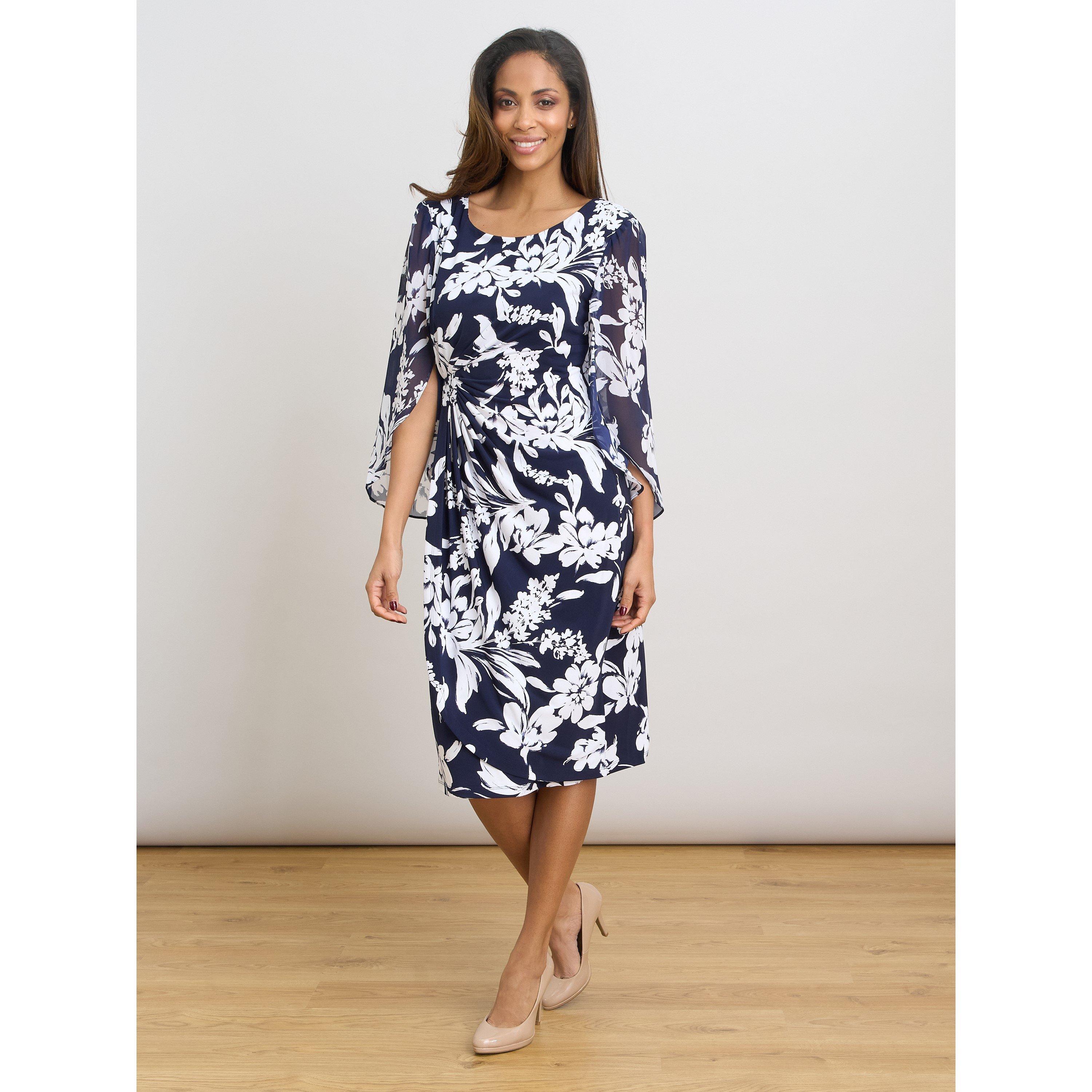 Navy / White - Gina Bacconi - Harmony Floral Print Dress - 4