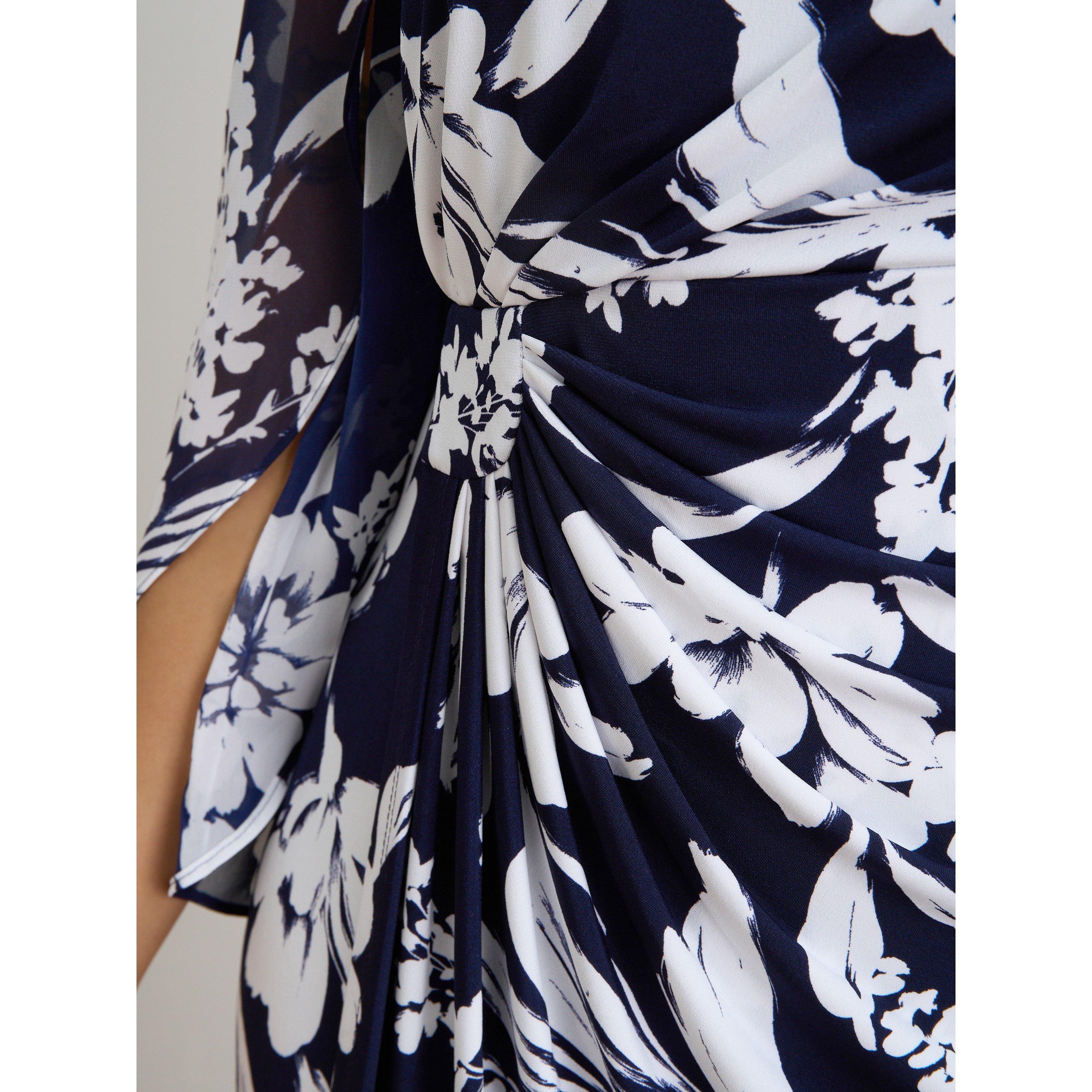 Navy / White - Gina Bacconi - Harmony Floral Print Dress - 5