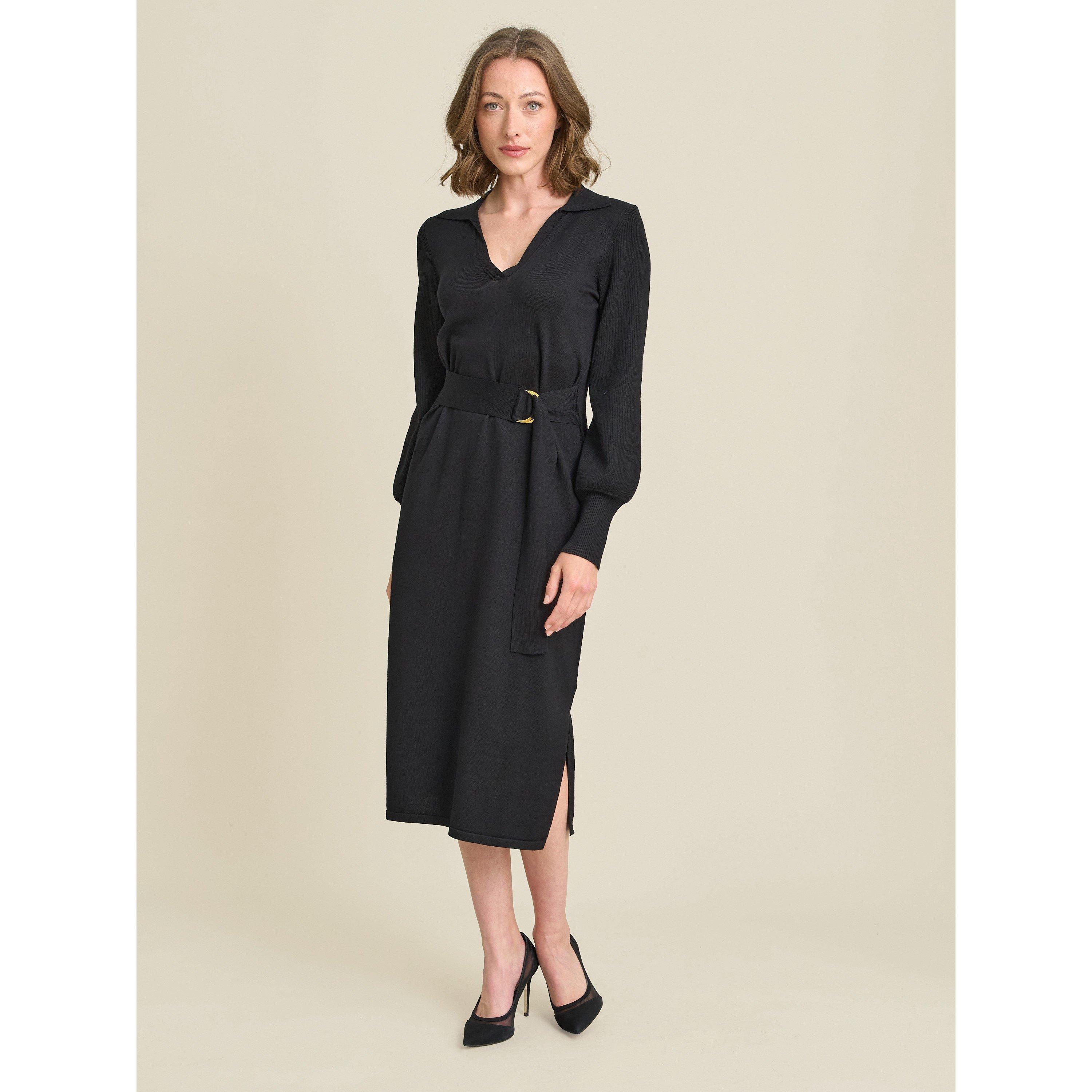 Black - Gina Bacconi - Tia Midi Dress With Belt & Long Sleeves - 1