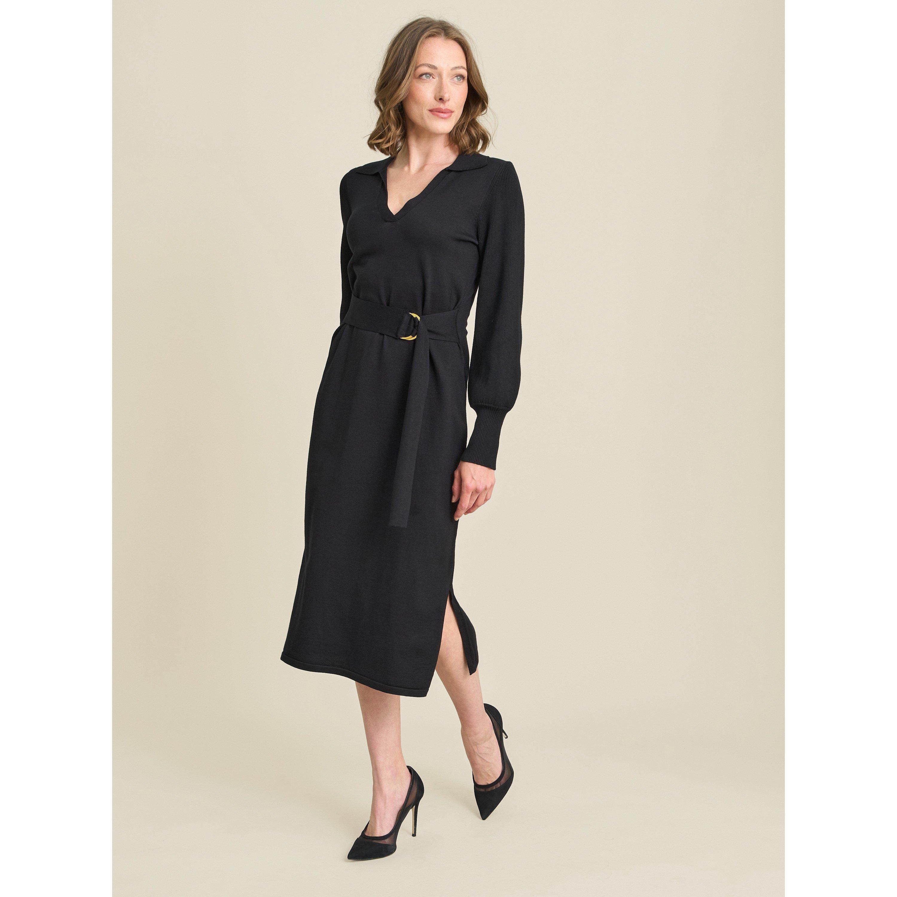 Black - Gina Bacconi - Tia Midi Dress With Belt & Long Sleeves - 3