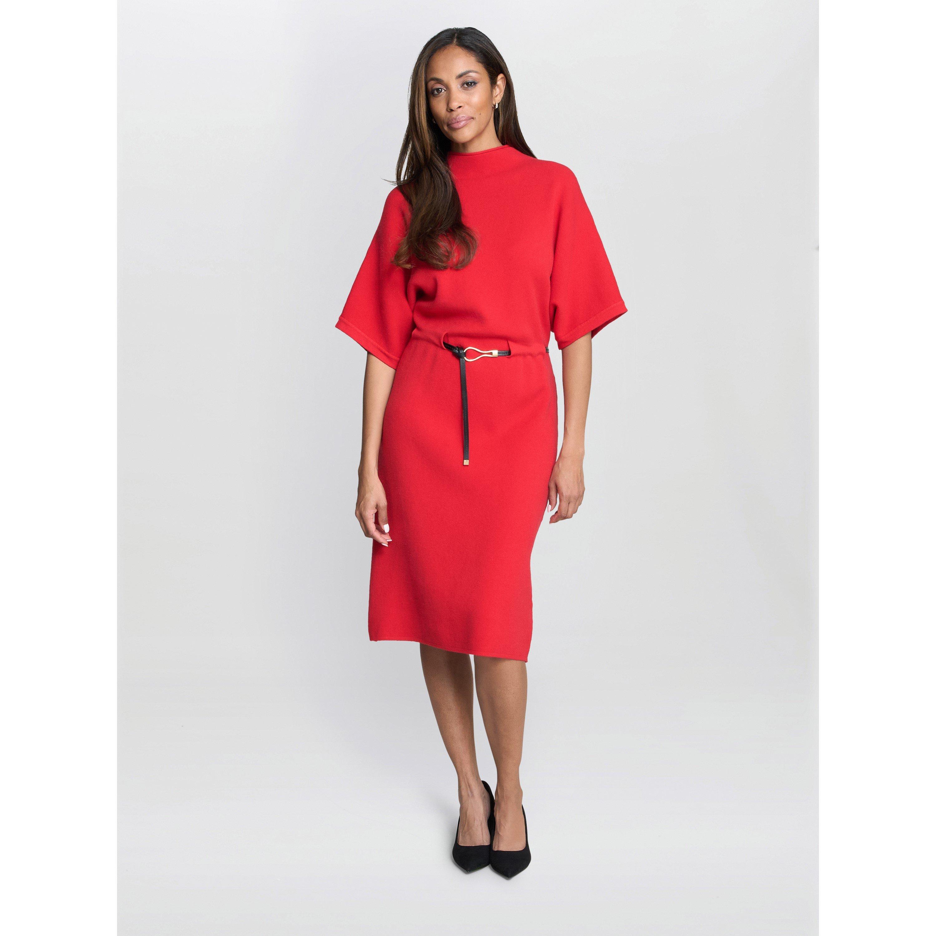 Red - Gina Bacconi - Alaura Belted Knit Midi Dress - 2