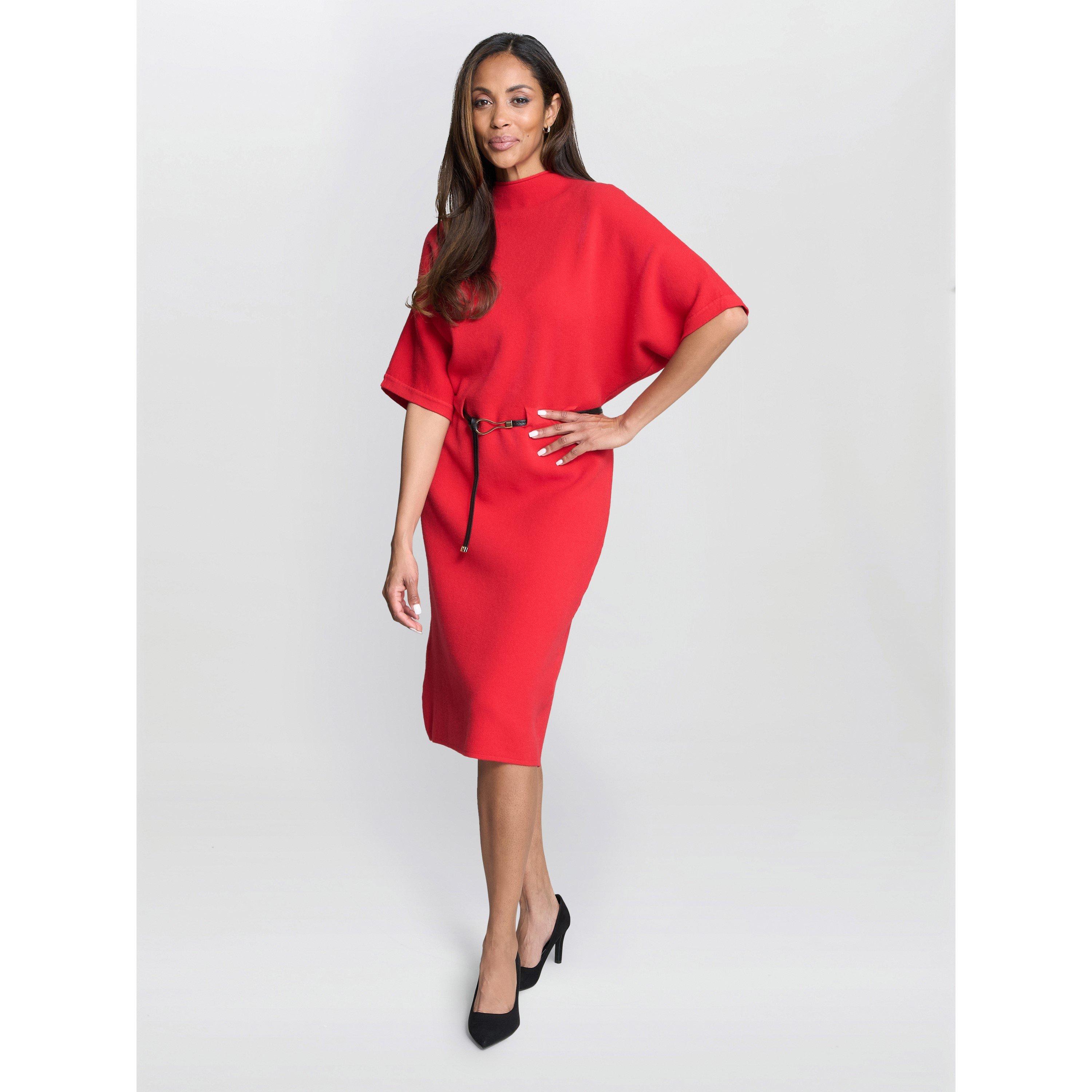 Red - Gina Bacconi - Alaura Belted Knit Midi Dress - 4