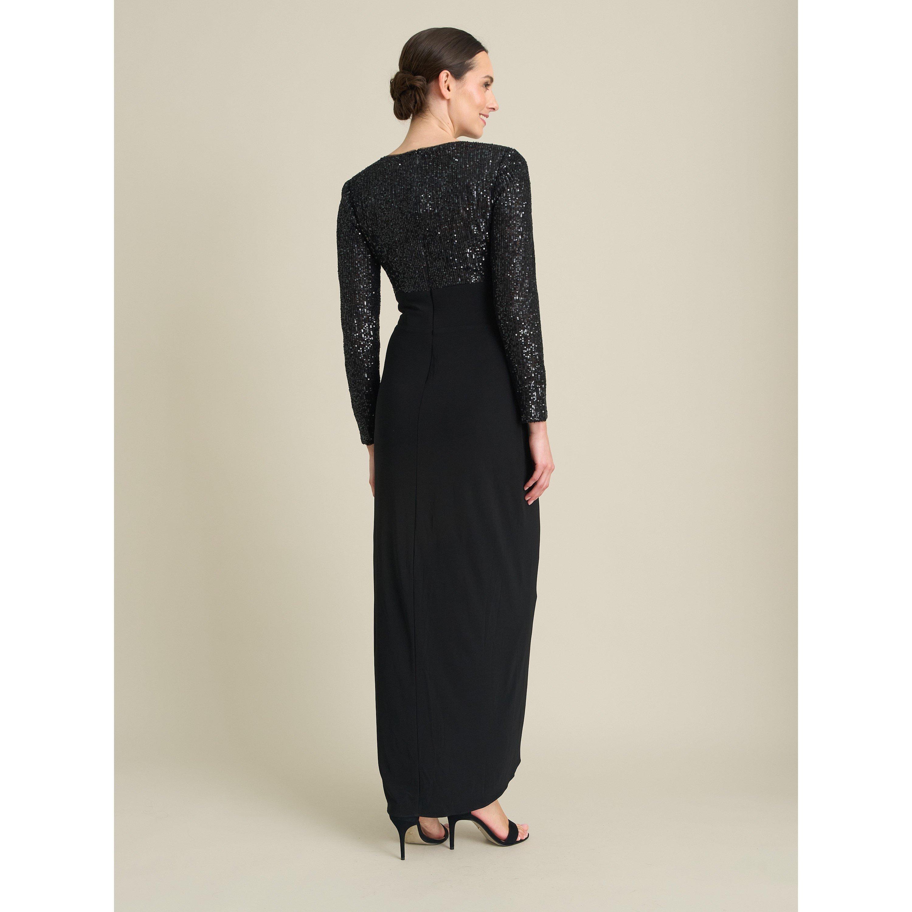 Black - Gina Bacconi - Steffi Sequin Ruched Draped Maxi Dress - 2