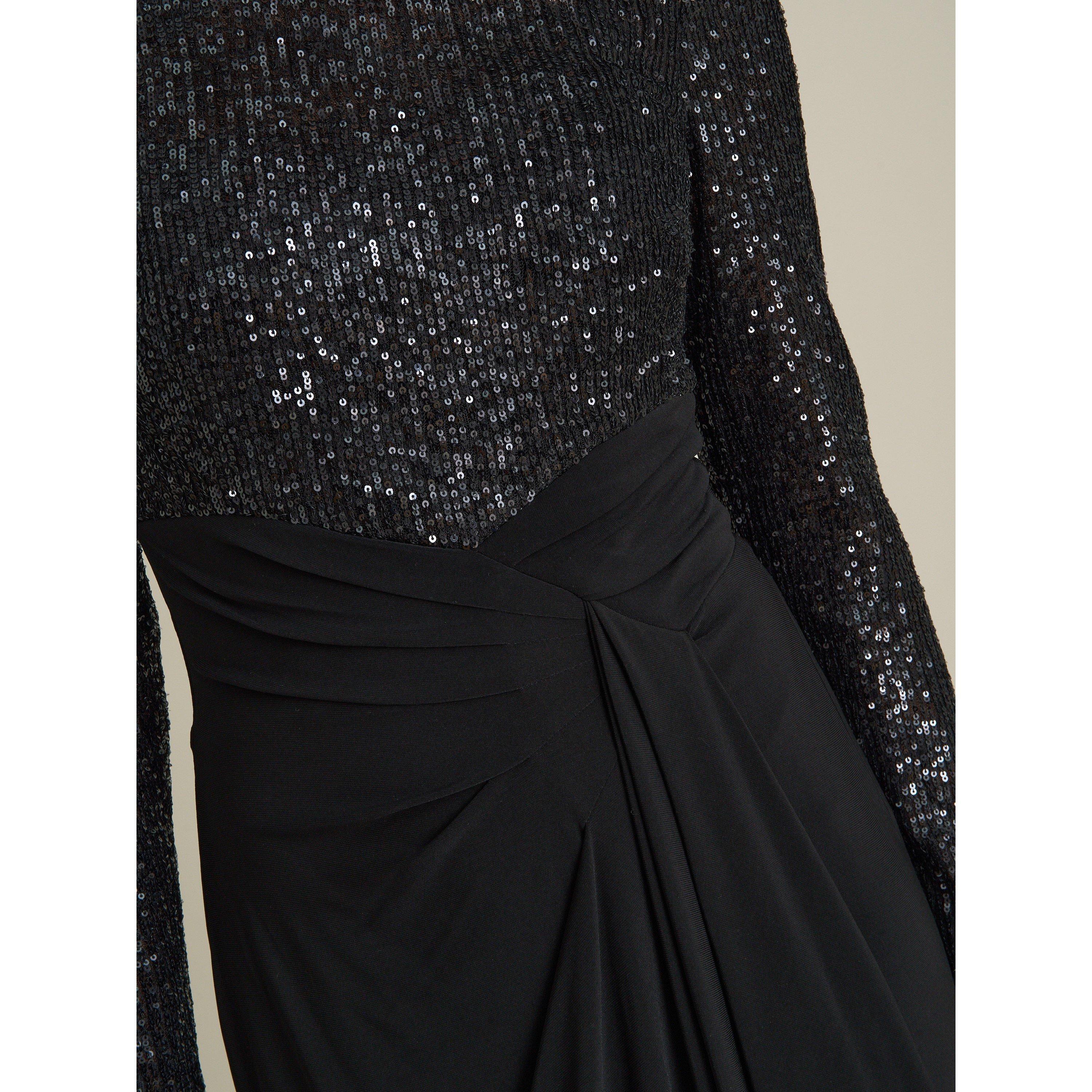 Black - Gina Bacconi - Steffi Sequin Ruched Draped Maxi Dress - 5