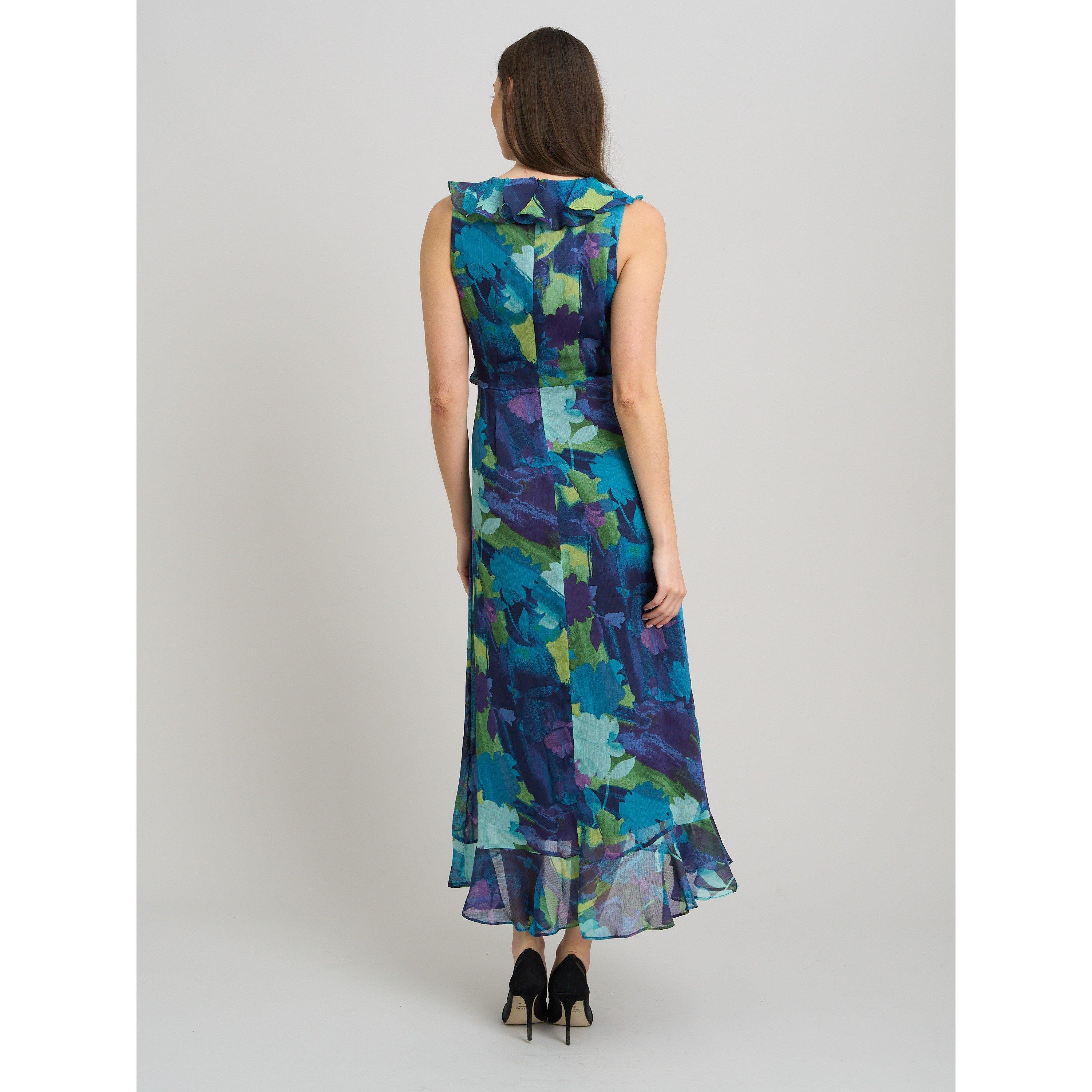 Blue - Gina Bacconi - Marlee Side Tie Ruffle Print Dress - 3