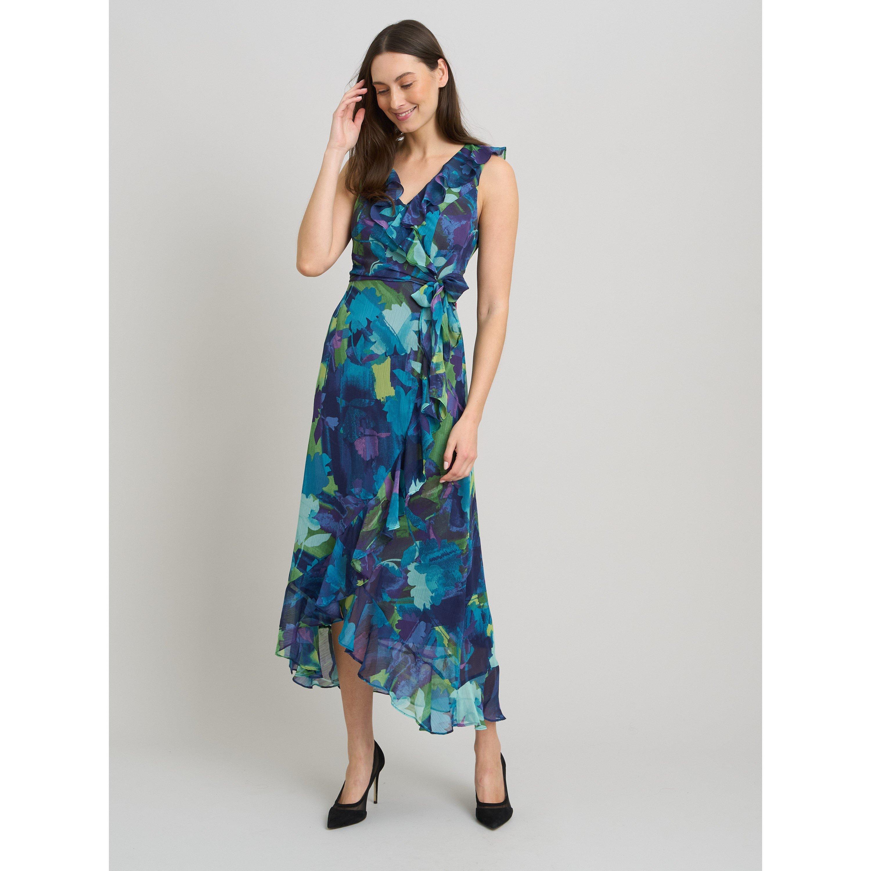 Blue - Gina Bacconi - Marlee Side Tie Ruffle Print Dress - 4