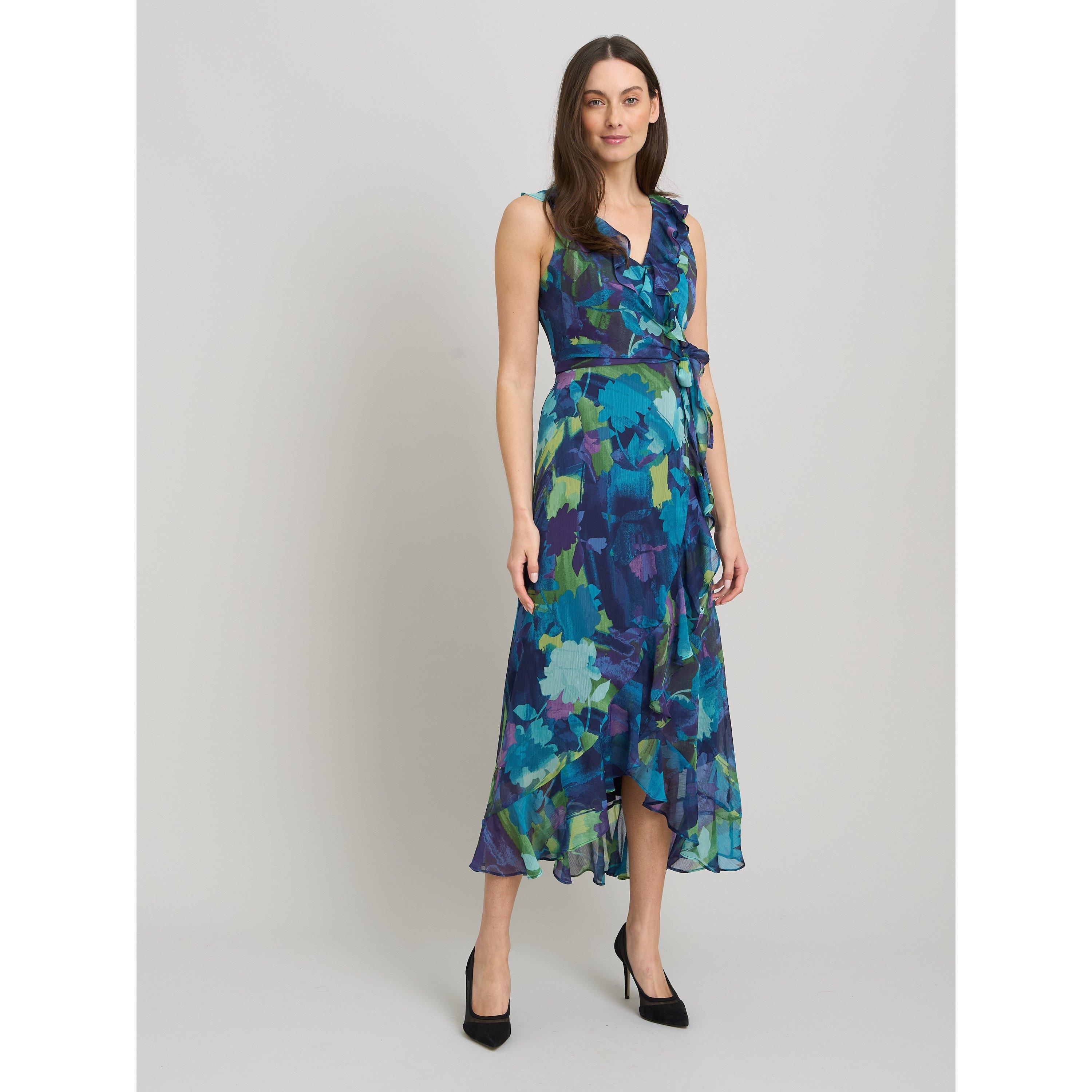 Blue - Gina Bacconi - Marlee Side Tie Ruffle Print Dress - 8