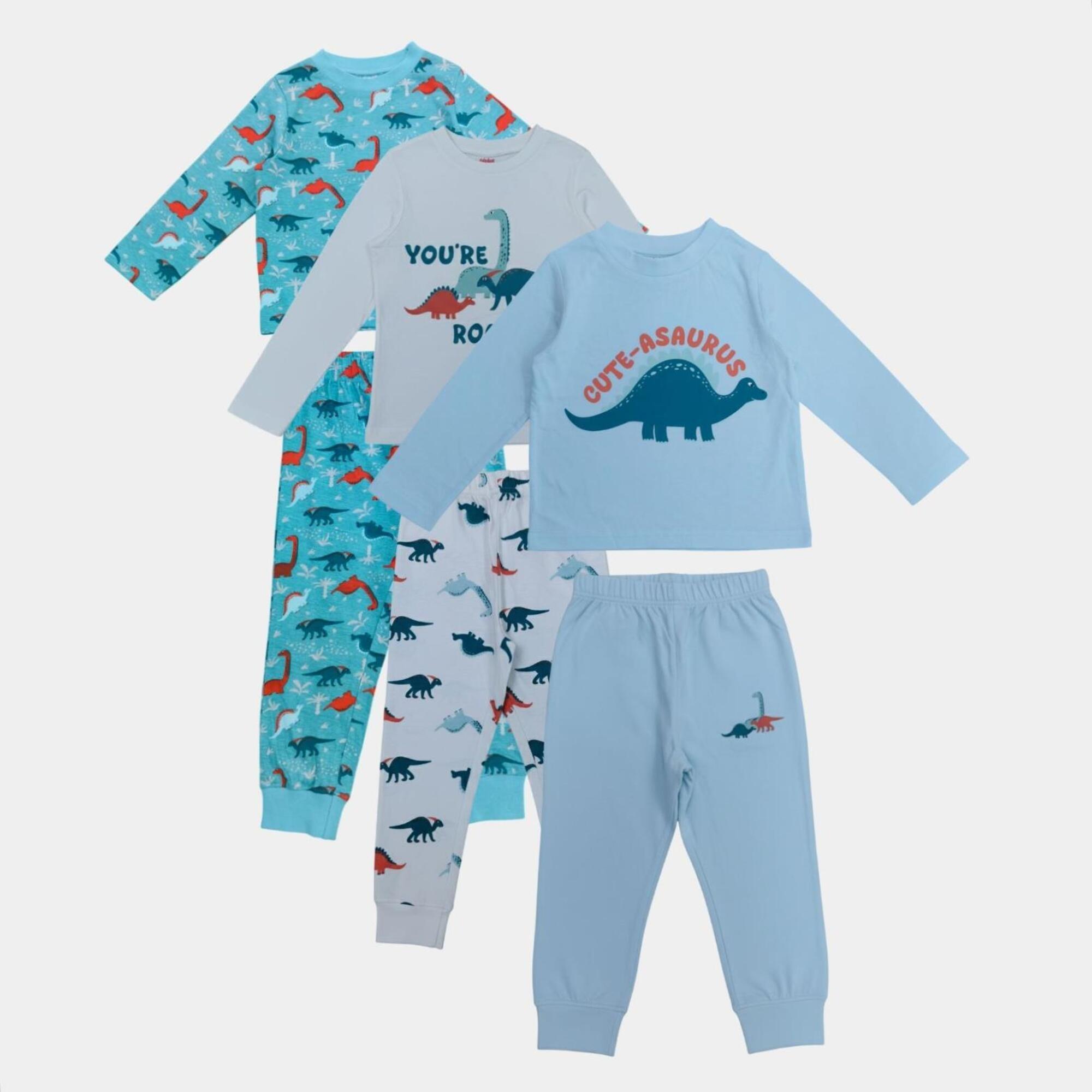 Dino - Star - Kids' 3 Pack Cotton Long Sleeve Pyjama Sets - 1