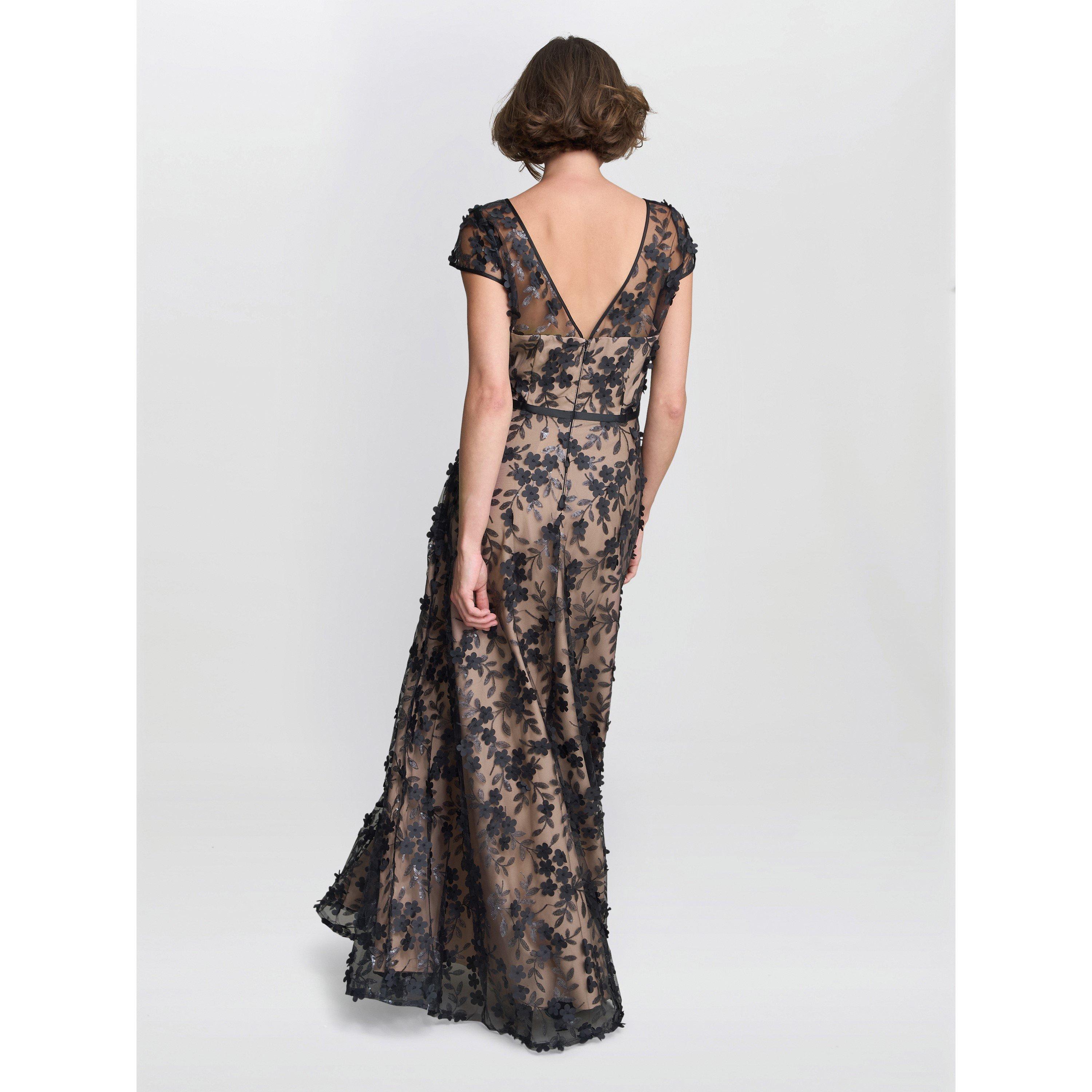 Black / Nude - Gina Bacconi - Keira 3D Flower Maxi Dress - 3