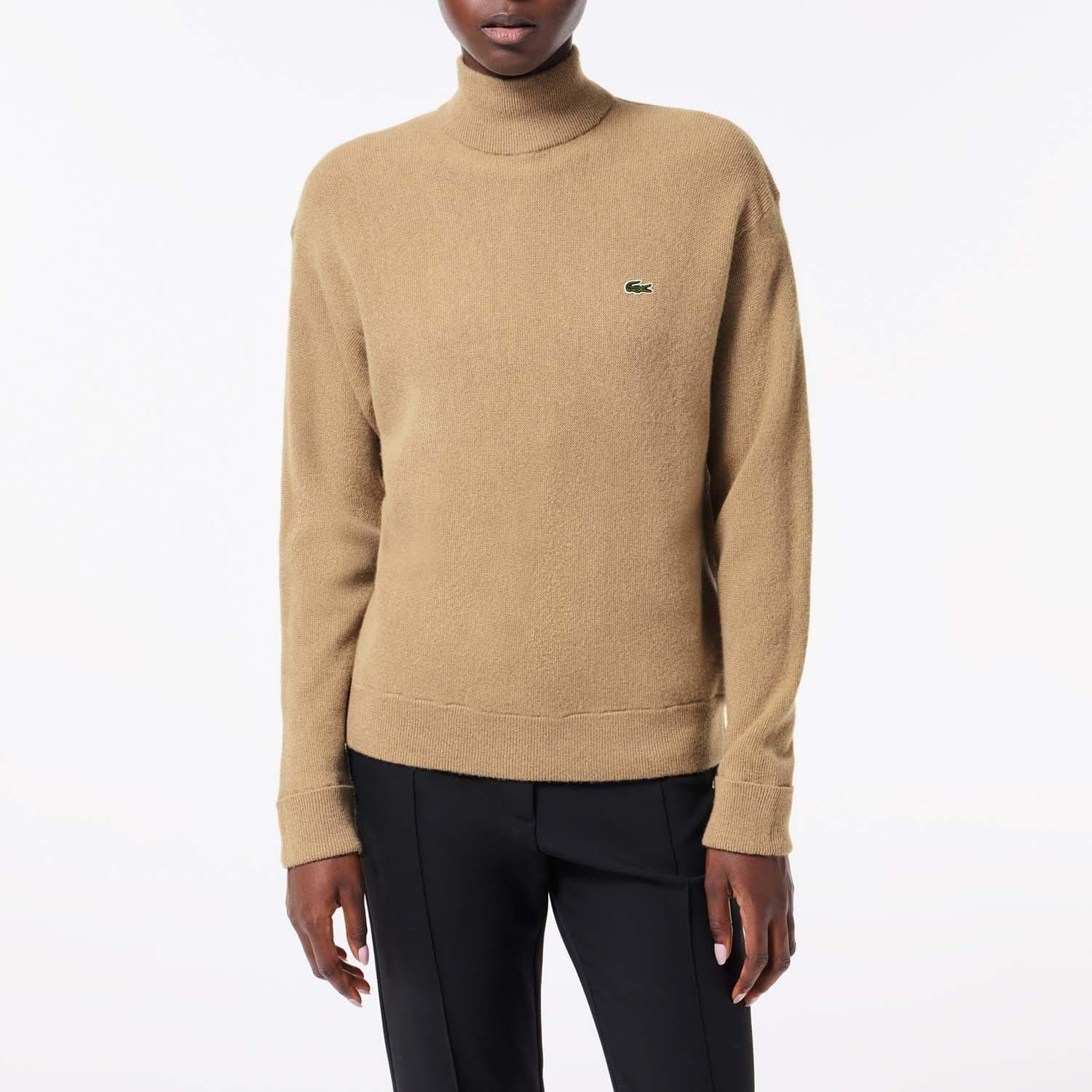 Brown - Lacoste - Relaxed Fit Carded Wool High Neck Sweater - 1