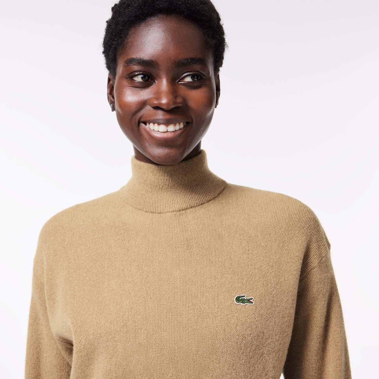 Brown - Lacoste - Relaxed Fit Carded Wool High Neck Sweater - 5