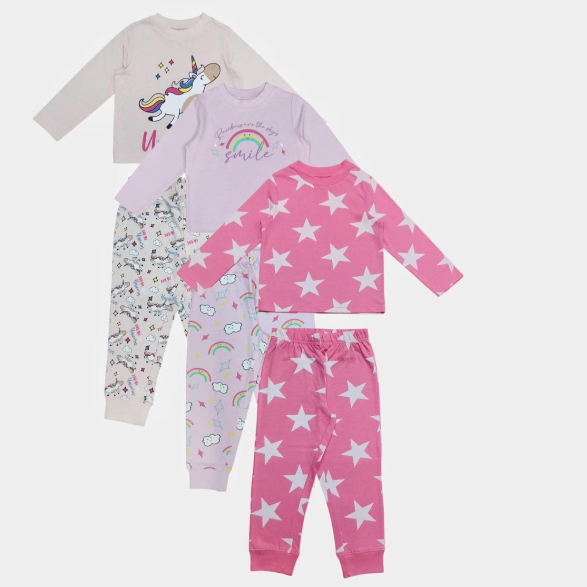 Unicorn - Star - Kids' 3 Pack Cotton Long Sleeve Pyjama Set - 1