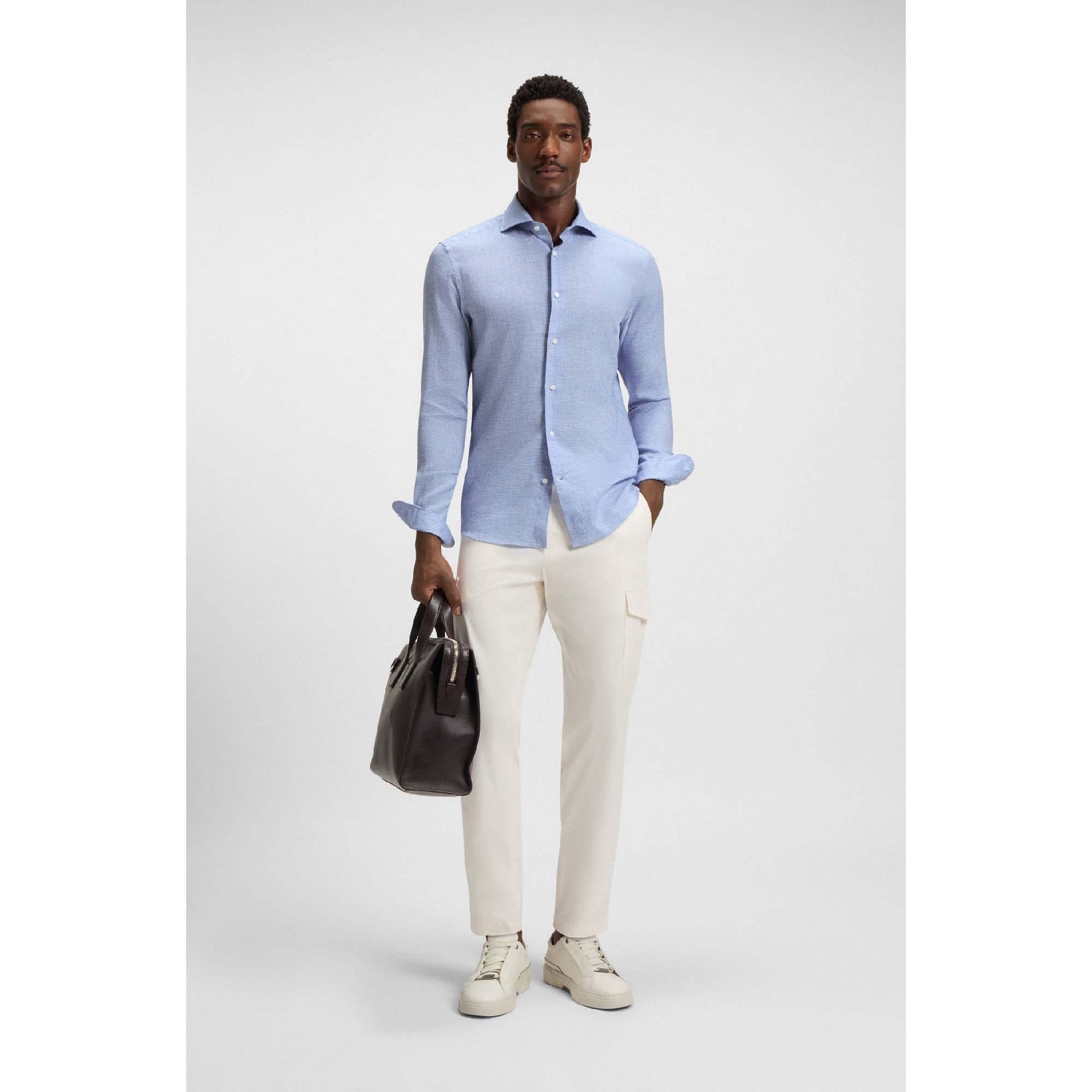 Turquoise - Boss - L-Hays Slim Fit Linen Shirt - 2