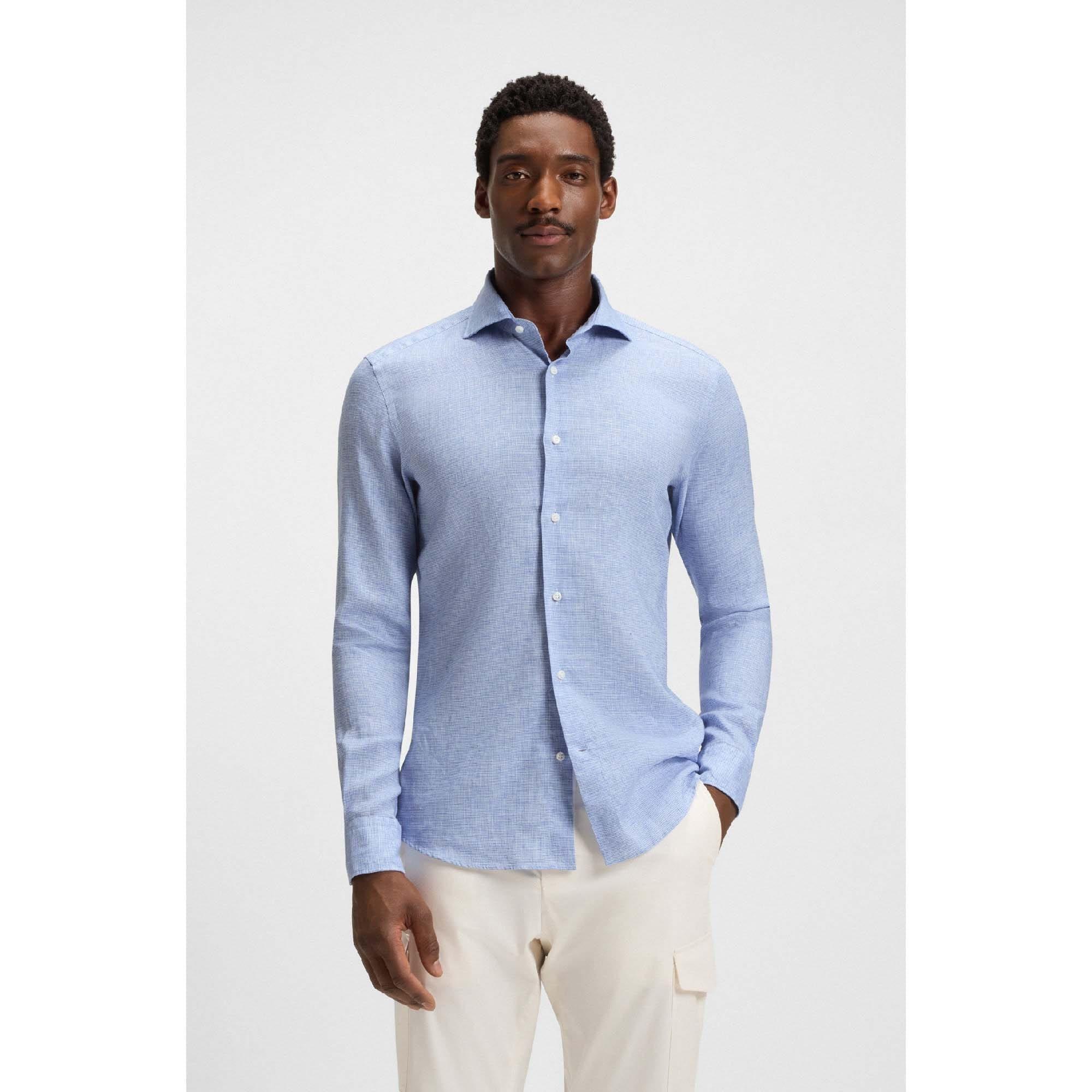 Turquoise - Boss - L-Hays Slim Fit Linen Shirt - 5