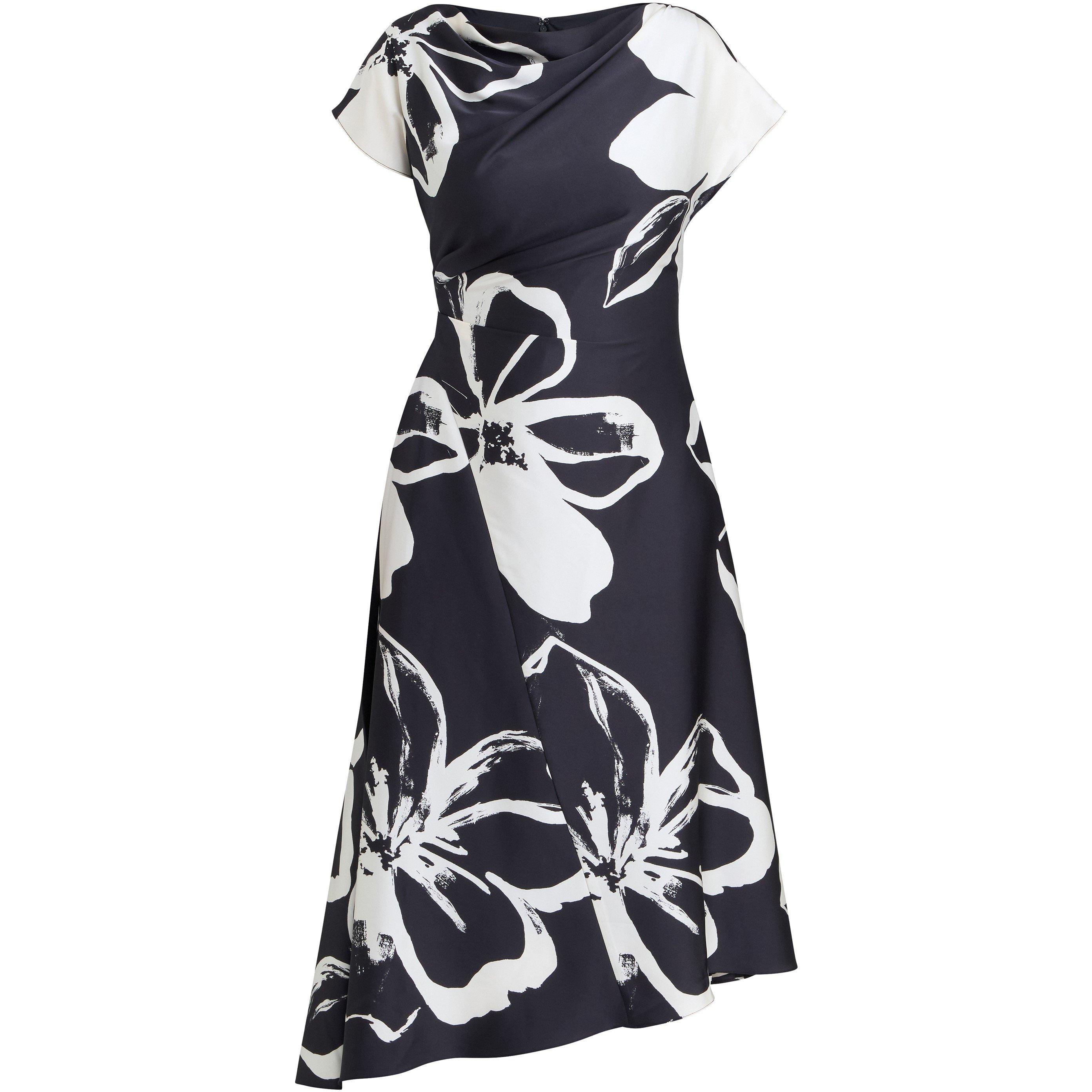 Gina Bacconi Women's Maude Floral Asymmetrical Midi Dress - Black / Cream - 18