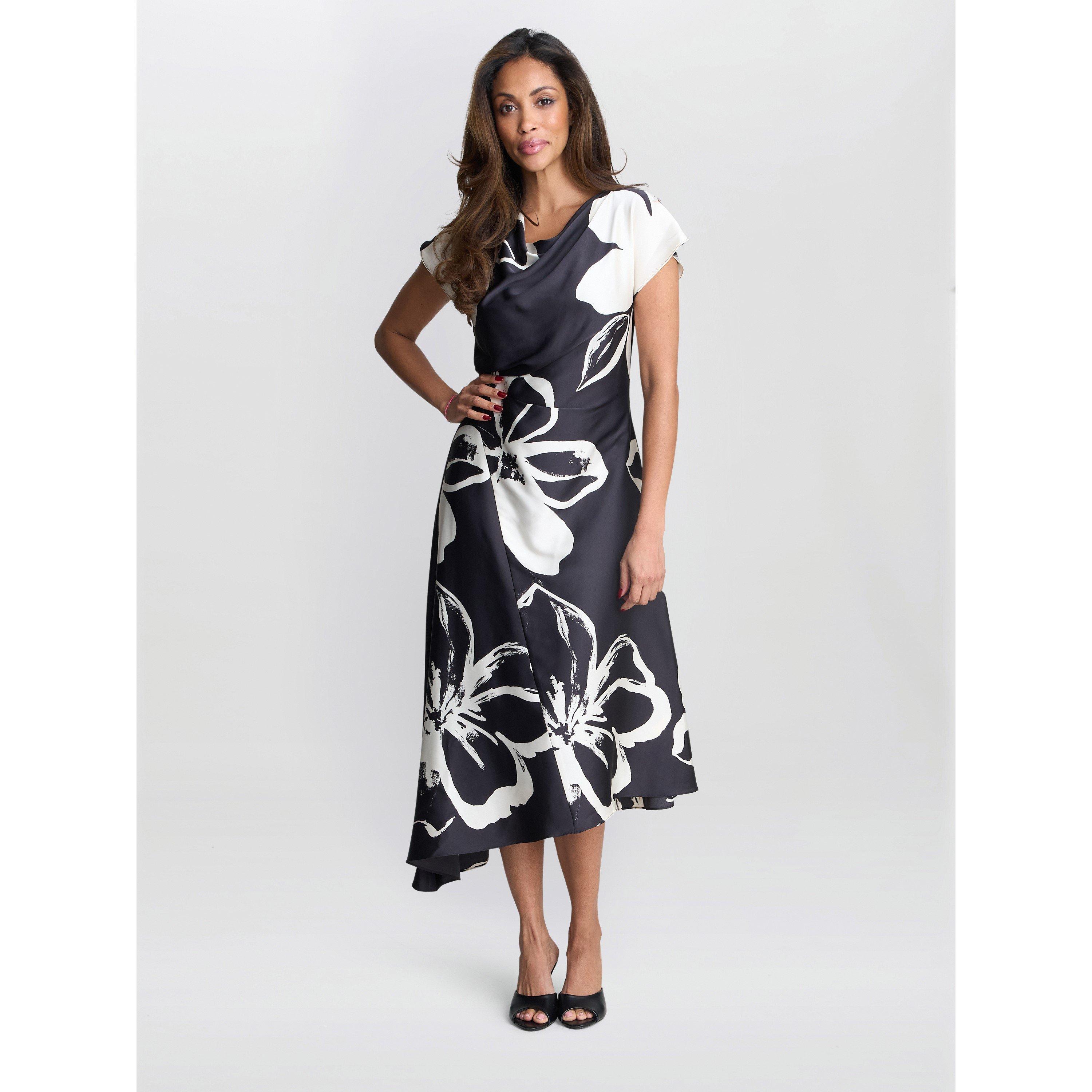 Black / Cream - Gina Bacconi - Maude Floral Asymmetrical Midi Dress - 2