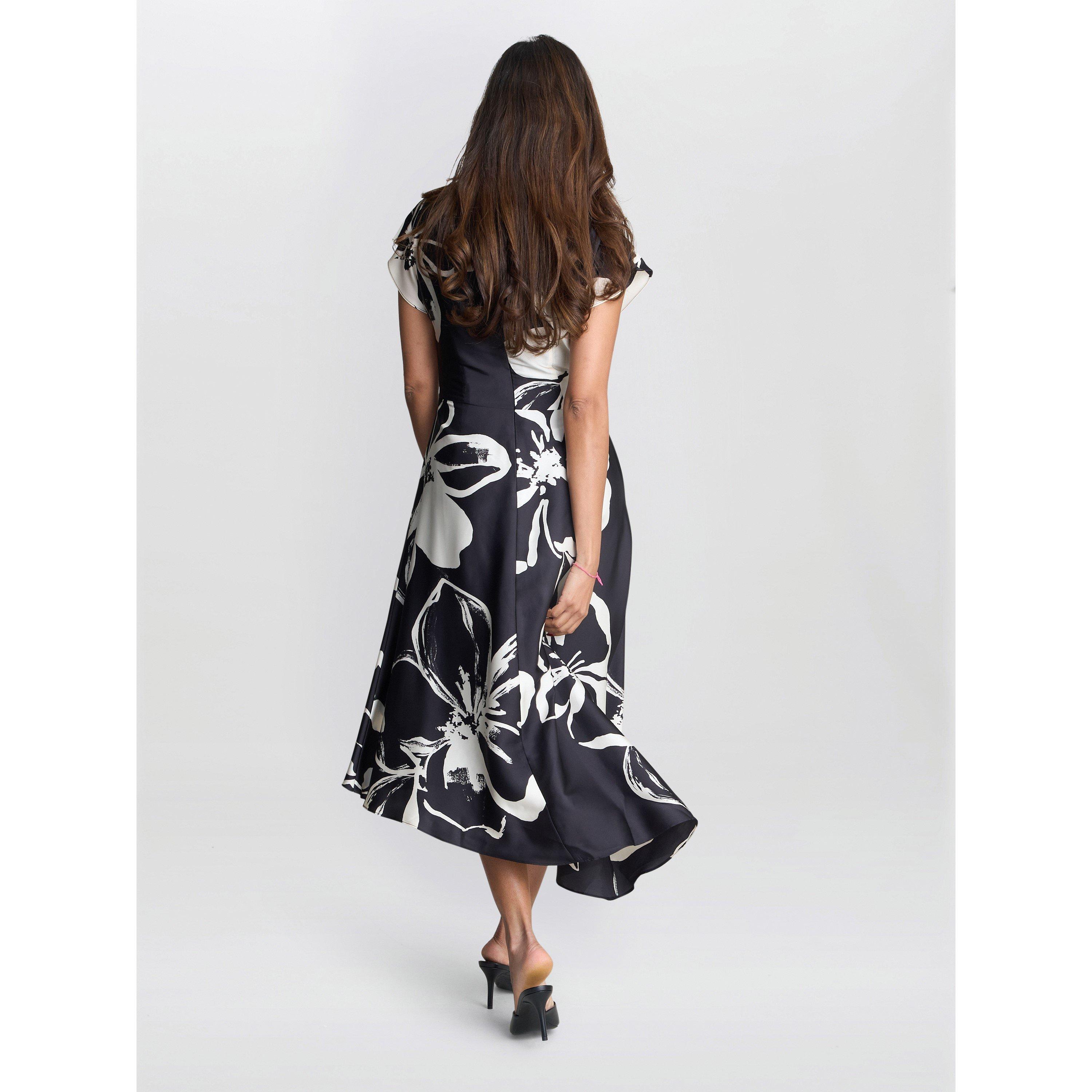 Black / Cream - Gina Bacconi - Maude Floral Asymmetrical Midi Dress - 3