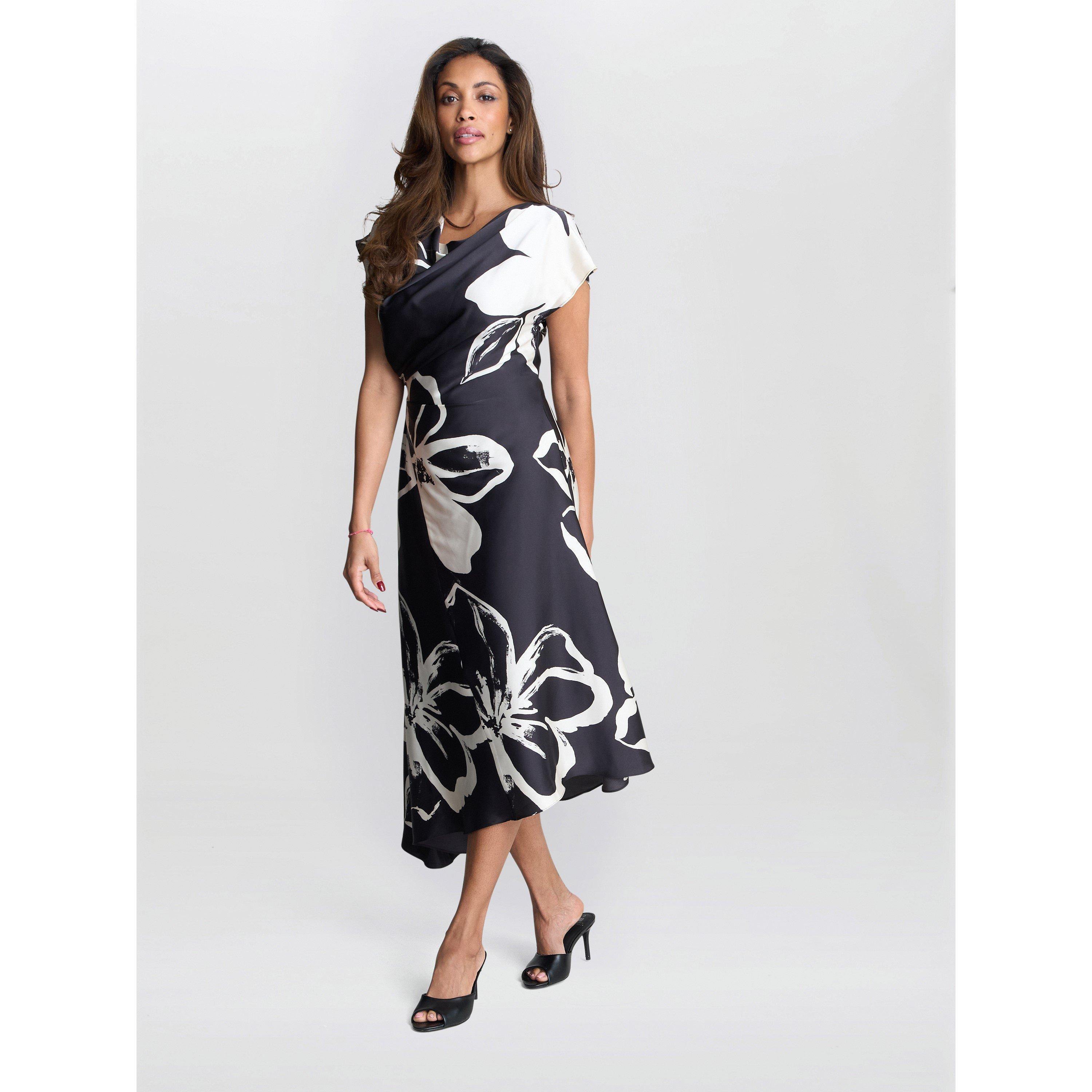 Black / Cream - Gina Bacconi - Maude Floral Asymmetrical Midi Dress - 4