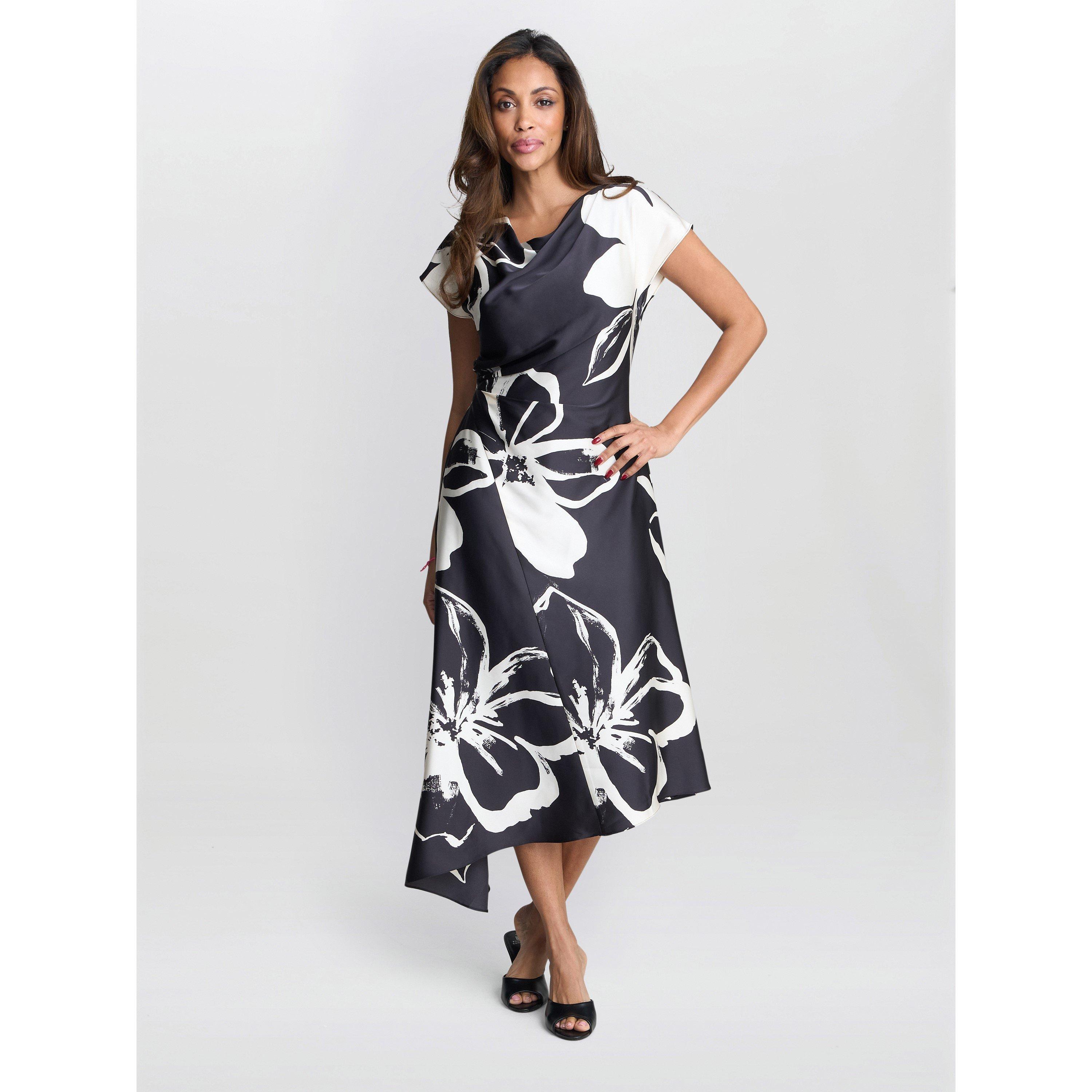 Black / Cream - Gina Bacconi - Maude Floral Asymmetrical Midi Dress - 6