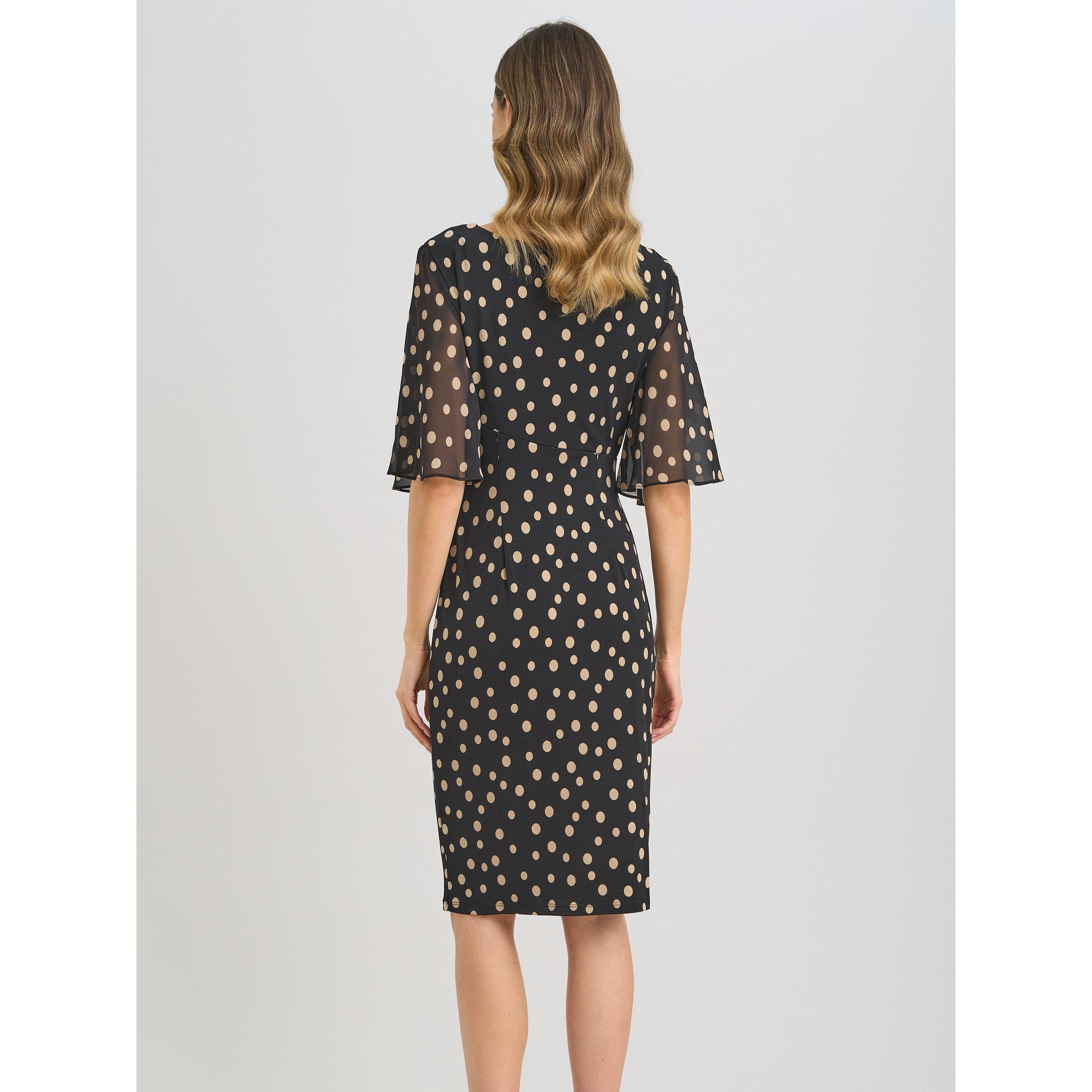 Black / Beige - Gina Bacconi - Greta Spot Print Faux Wrap Dress - 2