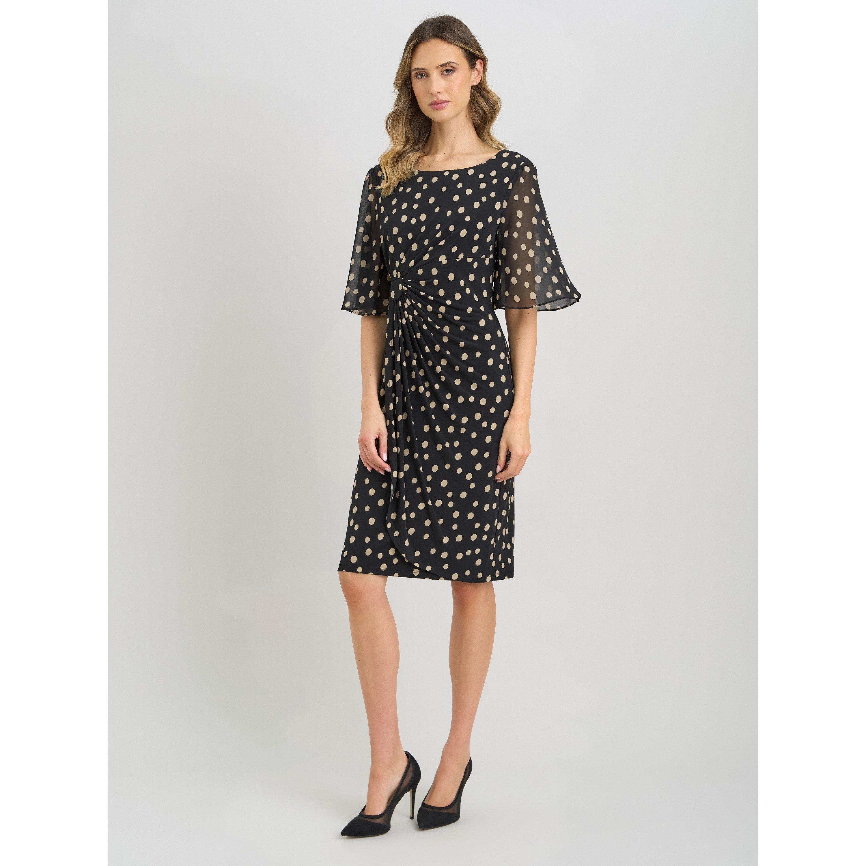 Black / Beige - Gina Bacconi - Greta Spot Print Faux Wrap Dress - 3