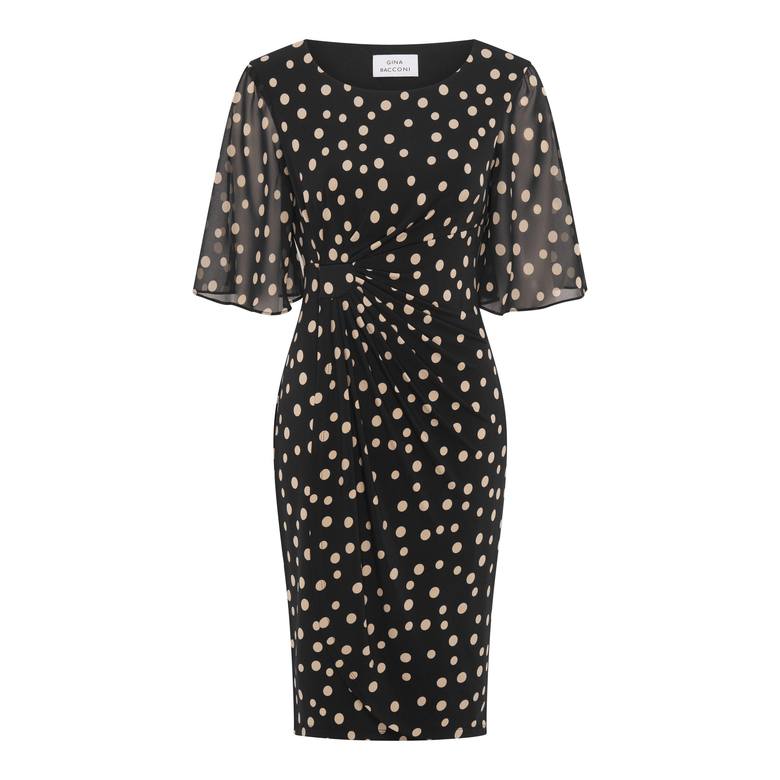 Black / Beige - Gina Bacconi - Greta Spot Print Faux Wrap Dress - 4
